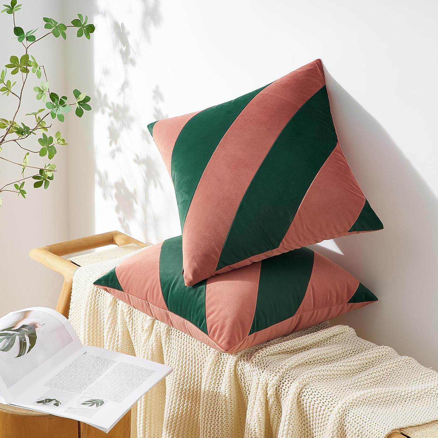 MONDAY MOOSE Decorative Throw Pillow Covers Cushion Cases, Set of 2 Soft Velvet Diagonal Striped Designs, Pillow Inserts Not Included (18x18 inch, Pink/Green)