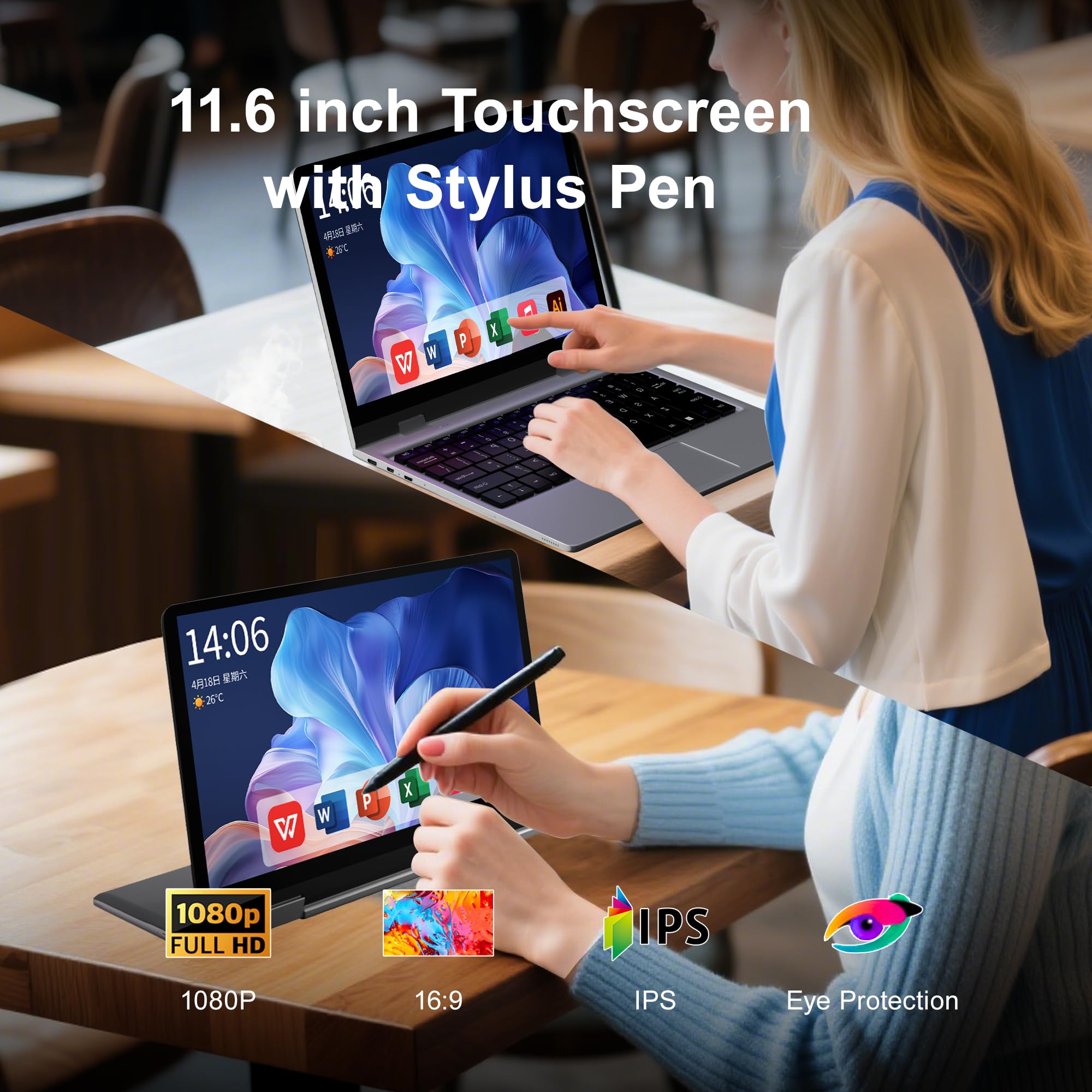 Ordinateur Portable Tactile 12 Pouces pc Hybride 2 en 1 Tactile pc Portable Windows 11 Ordinateur Tablette 256 Go SSD 4 Go RAM Laptop 2 in 1 360°Flip Touch Screen Tablette avec Clavier