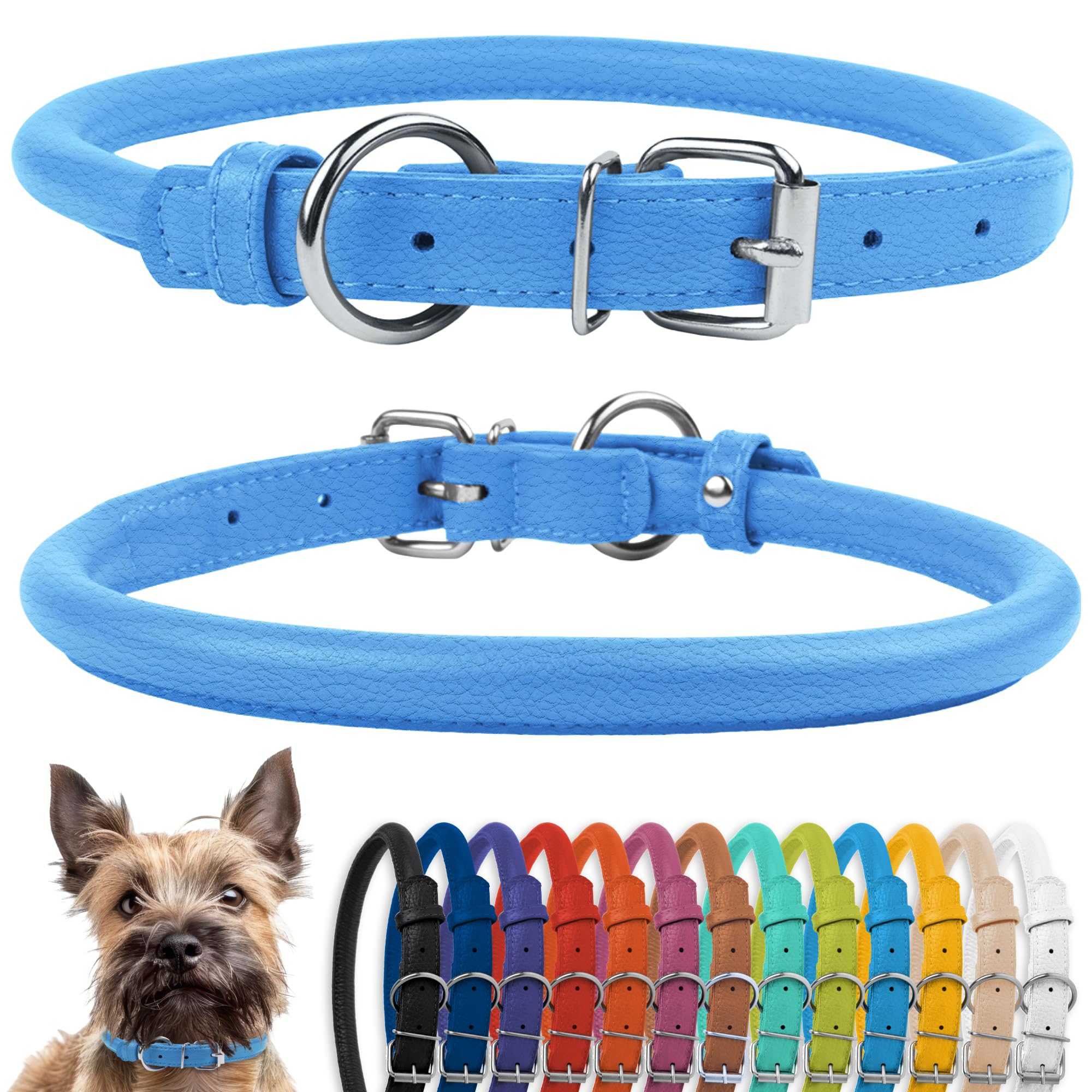 CollarDirect Rolled Leather Dog Collar, Soft Padded Round Puppy Collar, Handmade Genuine Leather Collar Dog Small Large Cat Collars 13 Colors (8-11 Inch, Light Blue Textured)