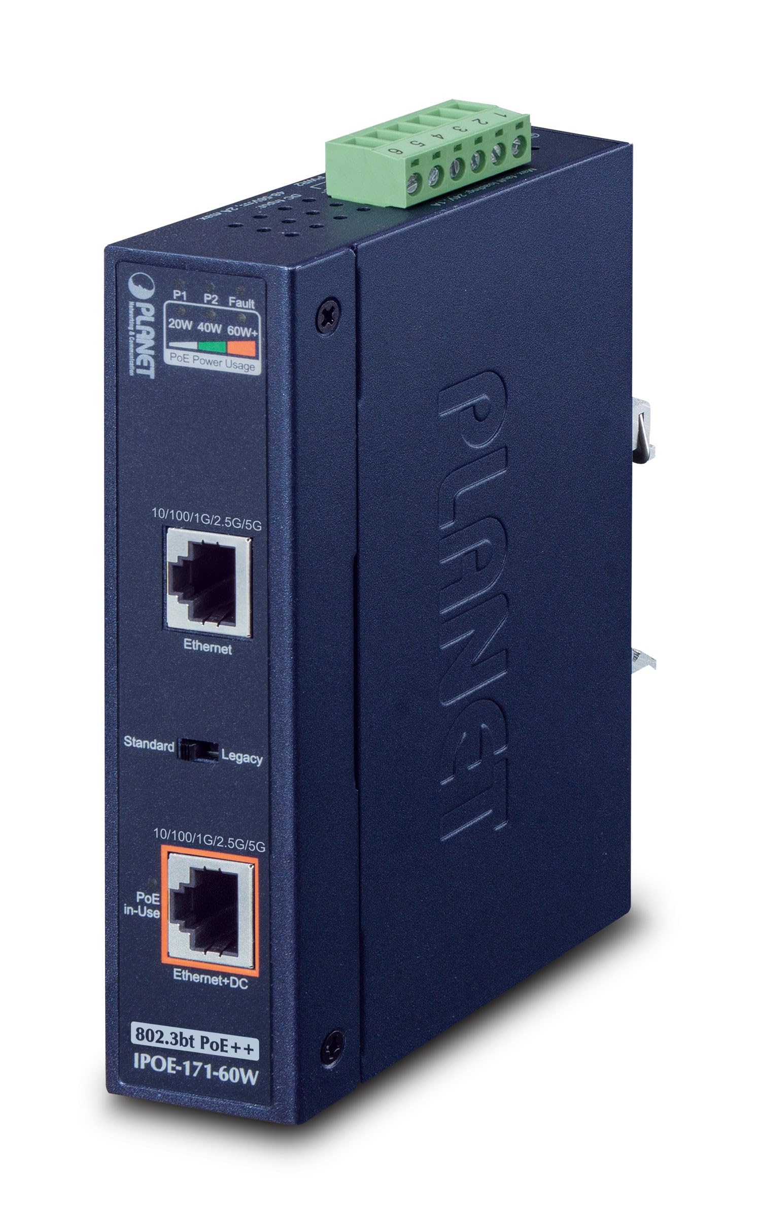 Planet IP30, Puerto único Industrial 10/​100/​1000Mbps 802.3bt Ultra, IPOE-​171-​60W (10/​100/​1000Mbps 802.3bt Ultra PoE Injector (60 W, Soporte de Modo heredado, PoE Usage LED, -​40 a 75 C))