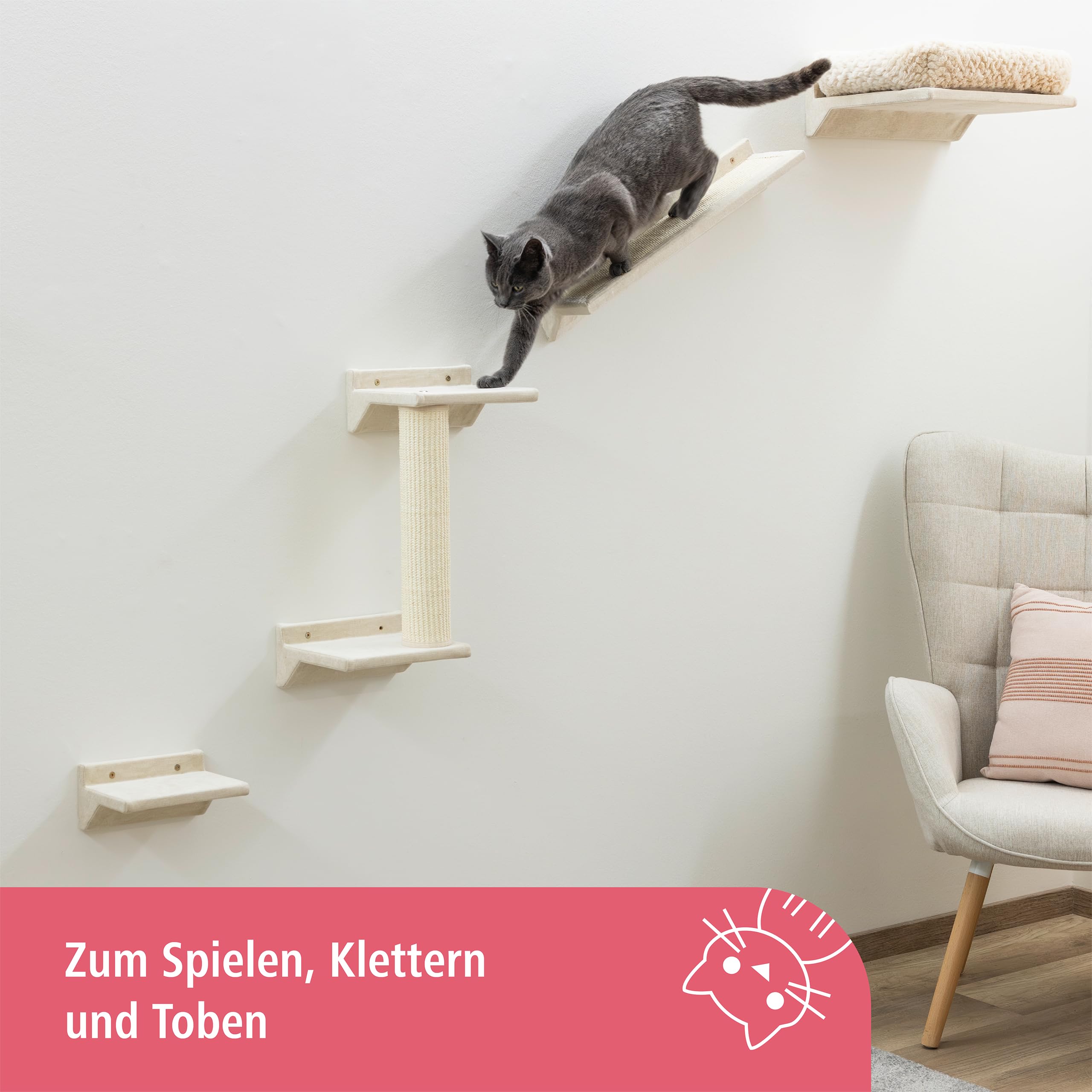 Kerbl Pet Parete da arrampicata Monte Prado, tiragraffi da parete, parete da arrampicata per gatti, tiragraffi da montare a parete, Cat Walk gatti, cuccia, sisal, beige