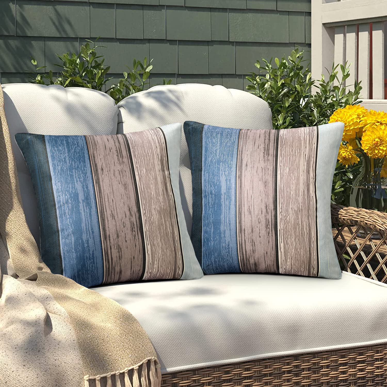 Set of 2 Cushion Covers, 45 x 45 cm, Outdoor Waterproof Cushion Cover, Spring, Summer, Sofa Cushion, Ombre, Blue, Grey, Wood - Image 3