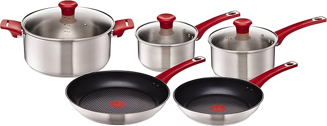 Tefal Jamie Oliver H801S5 mainstream and pot set 5 pieces pan with non-stick coating starter set, stainless steel, red