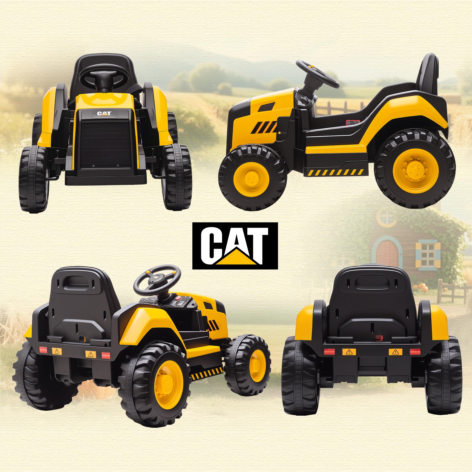 AIYAPLAY Trattore Elettrica per Bambini 3-6 Anni Licenza CAT, 12V Macchina Elettrica Escavatore Giocattolo Cavalcabile con 2 Motori, Sospensioni, Telecomando, Luci, Musica, USB e Bluetooth, Giallo