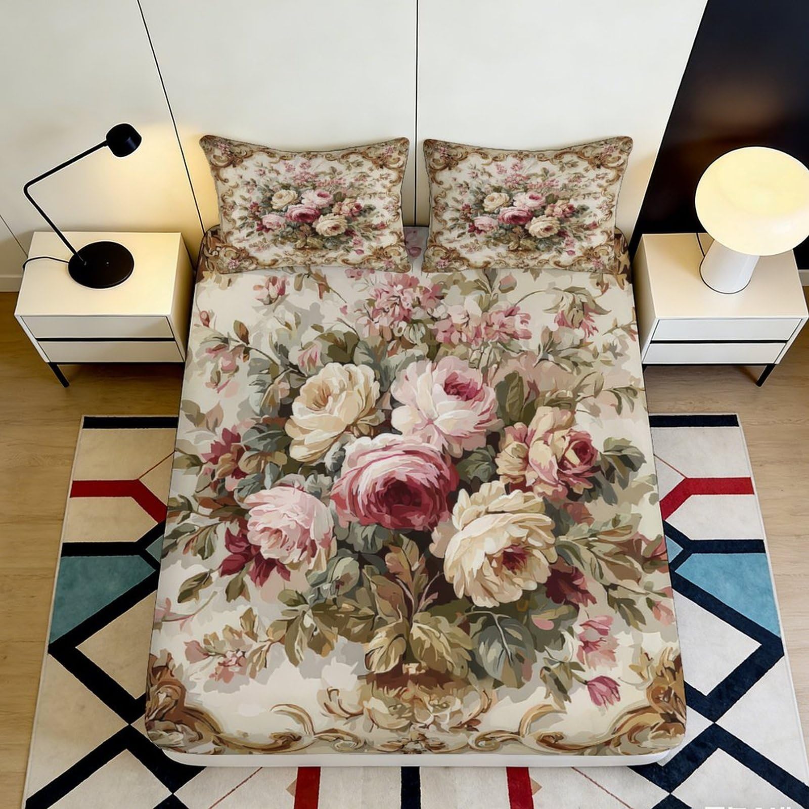 Pnayamiorkfel Style-2 3D Printed Vintage Floral Fitted Sheet Microfiber Soft Breathable Romantic Rose Bed Cover For Bedroom Guest Room Decor 90X200x25cm