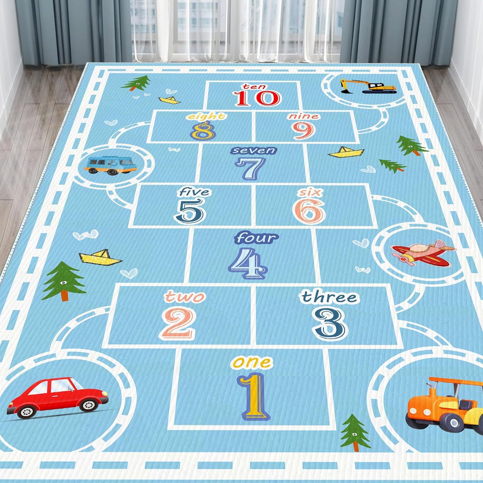 Hopscotch Car Track Mat for Kids, Non-Slip Blue Educational Carpet for Playroom, Classroom and Nursery(100x160cm)