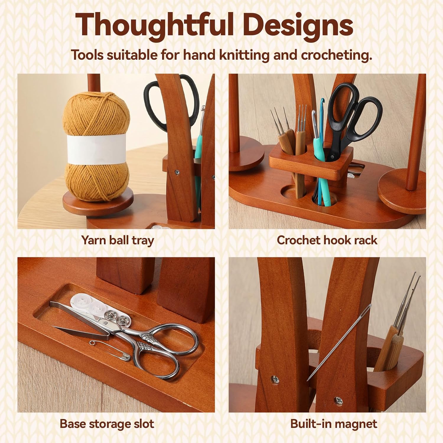 YBEATY Yarn Holder for Crocheting Knitting, Wooden Yarn Ball Holder Spinner with Double Spindles Rotating Mechanism Anti-Slip Pads, Crochet Gift for Knitting Lovers