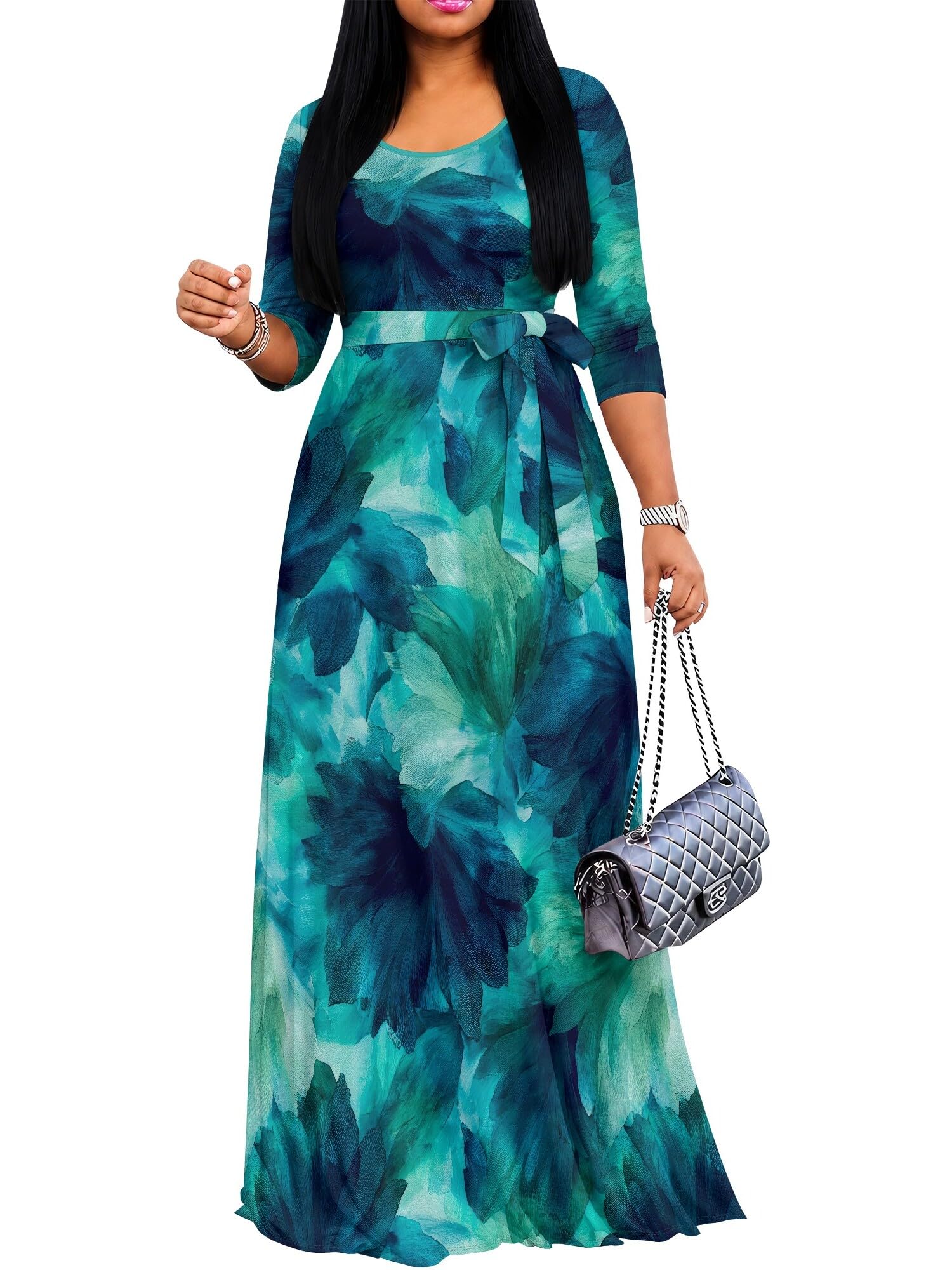 PinkPatty Women's Print Maxi Dresses 3/4 Sleeve Flowy Long Dress V Neck Wrap Tie Waist Sundress