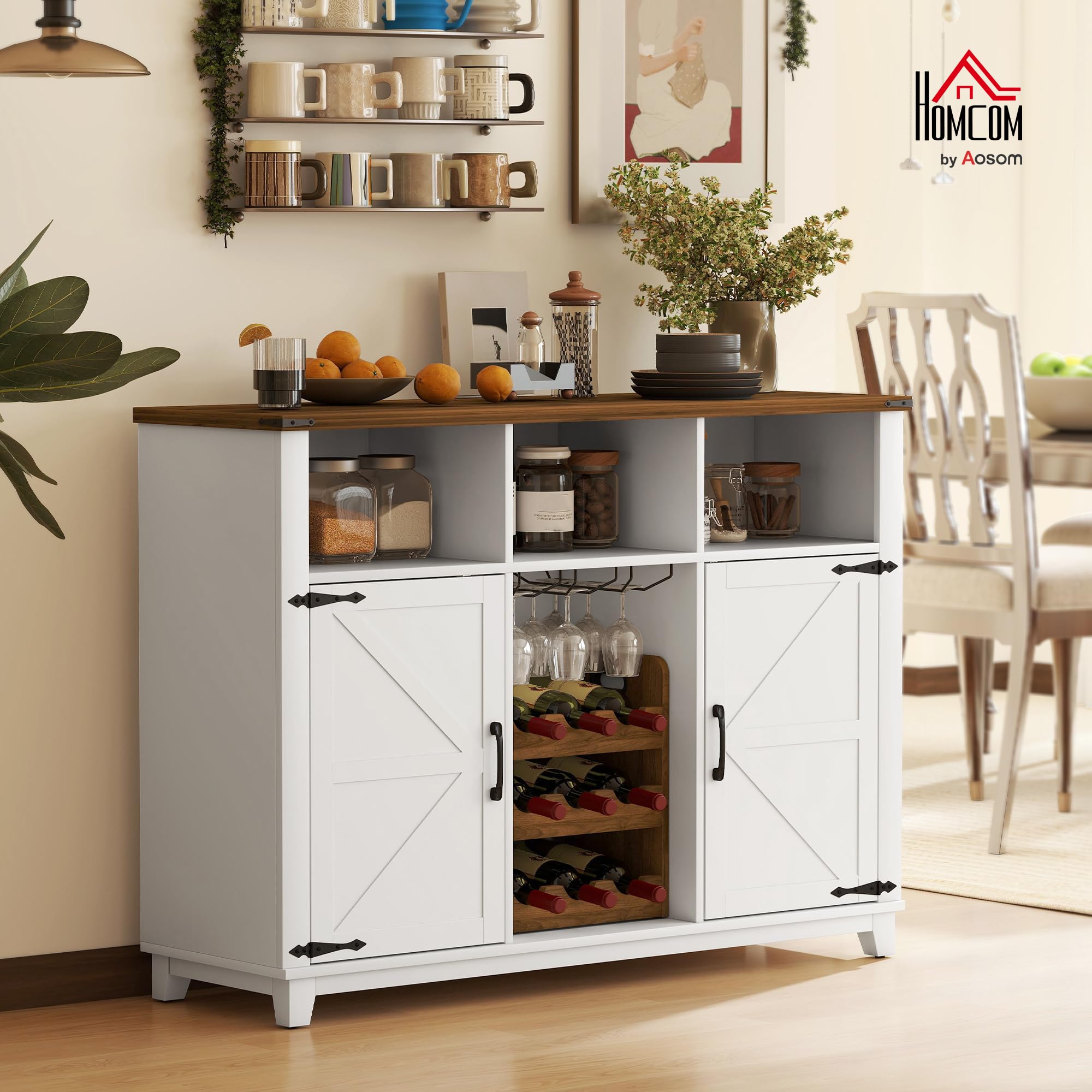 HOMCOM Aparador de Cocina con Botellero, Aparador con 2 Puertas de Granero, Estantes Ajustables y Soporte para Copas, para 9 Botellas, Buffet Auxiliar de Cocina para Comedor, Salón 120x37x88 cm Blanco