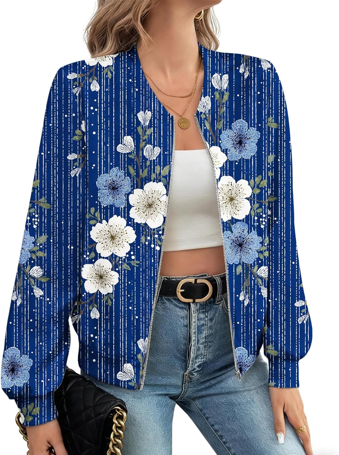 LIZALIG Women's Floral Print Bomber Jacket Casual Vintage Zip Coat Lightweight Long Sleeve Outwear Tops Windbreaker - Image 2