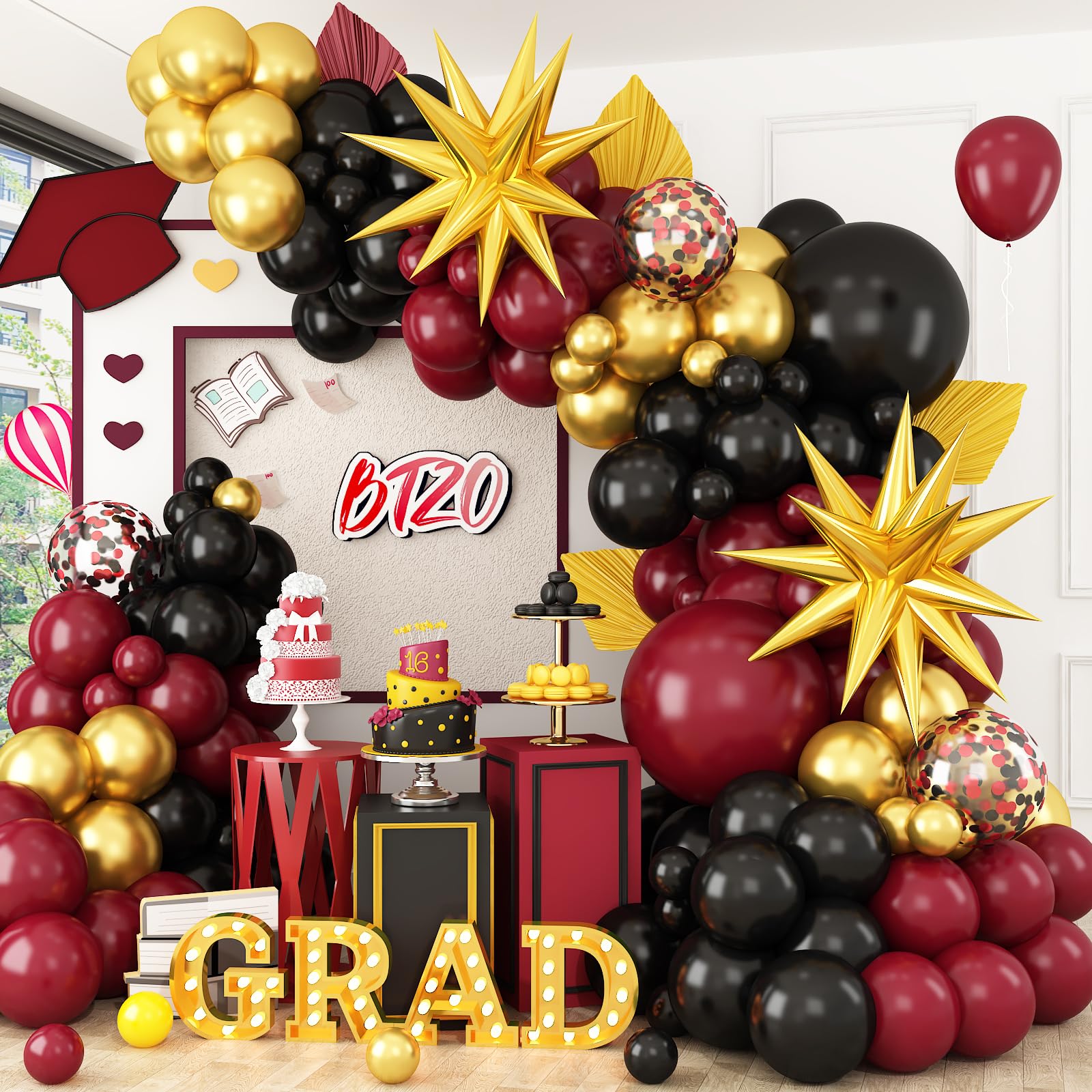 Burgundy Balloon Arch Kit, Black Red Gold Balloon Garland with Star Foil Balloons for Graduation Grad Celebrations Anniversary Wedding Decorations