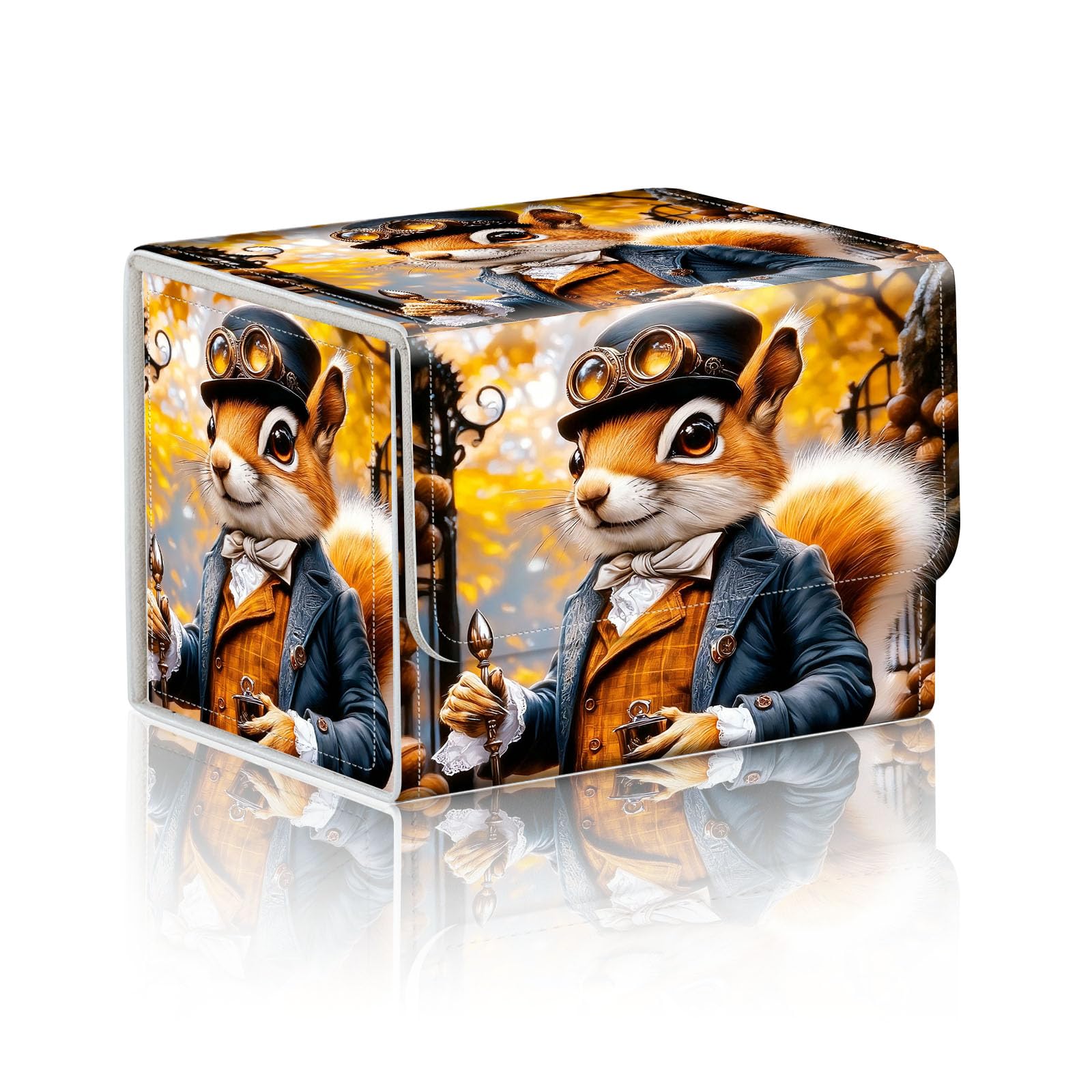 DISUOFEART Trading Card Storage Box, Holds 100+ for MTG Cards, Premium PU Leather with Magnetic Closure, Steampunk Squirrel In Autumn Durable Deck Box for Magic the Gathering, Trading Card Games