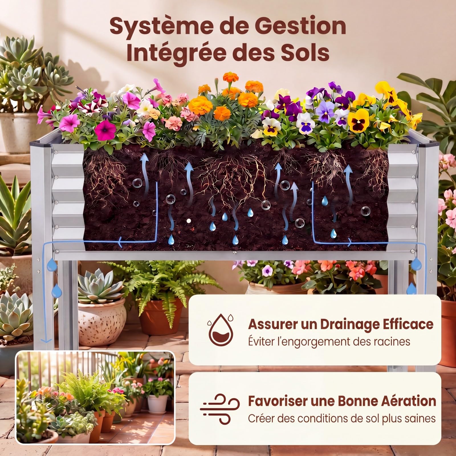 GOPLUS Jardiniere sur Pieds Surélevé en Métal, 118x60x77,5 CM, Carre Potager Rectangulaire Épais, Système de Drainage, Charge 50KG, Ergonomique, Potager sur Pieds pour Jardin, Terrasse (Argenté)