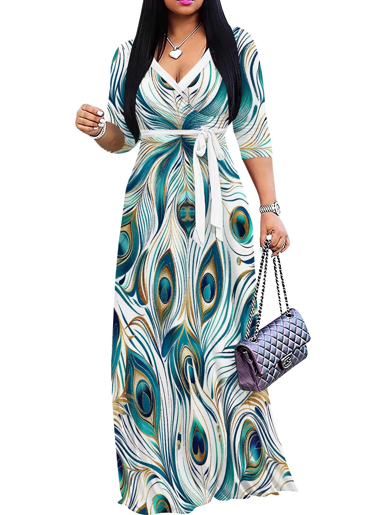 PinkPatty Women's Plus Size V Neck 3/4 Sleeve Boho Maxi Dress with Pockets | Boho printed maxi dress with pockets and tie waist for travel, vacations, weddings, church, parties, and daily wear