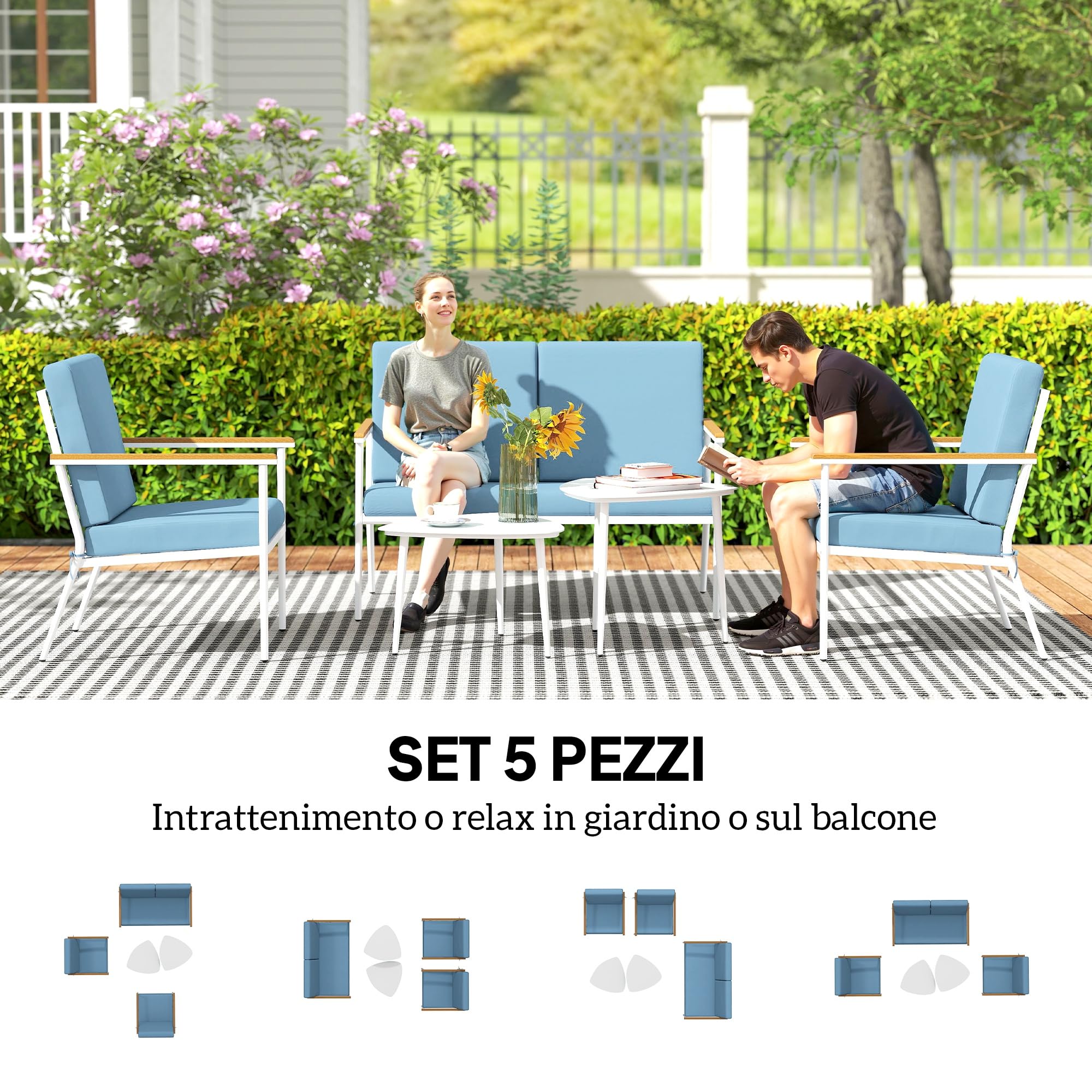 Outsunny Set Salotto da Giardino 5 Pezzi con Divanetto 2 Posti, Poltrone e Tavolino in Vetro, Azzurro