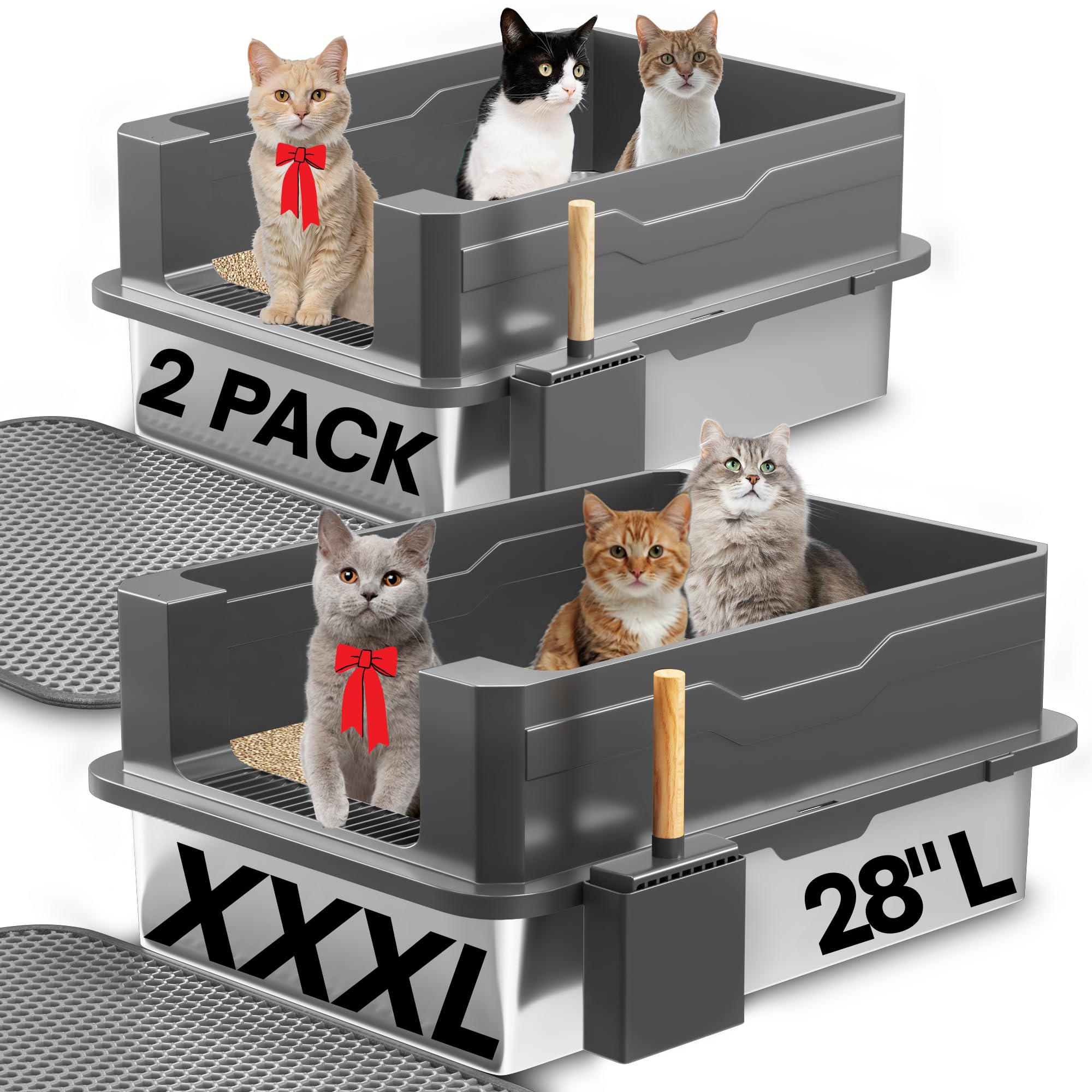 2-Pack XXXL Stainless Steel Cat Litter Box – Extra Large 28" L x 20" W with High Sides & Lid, Non-Stick, No Odor, Leak-Proof Metal Boxes for Large & Multiple Cats, Easy to Clean