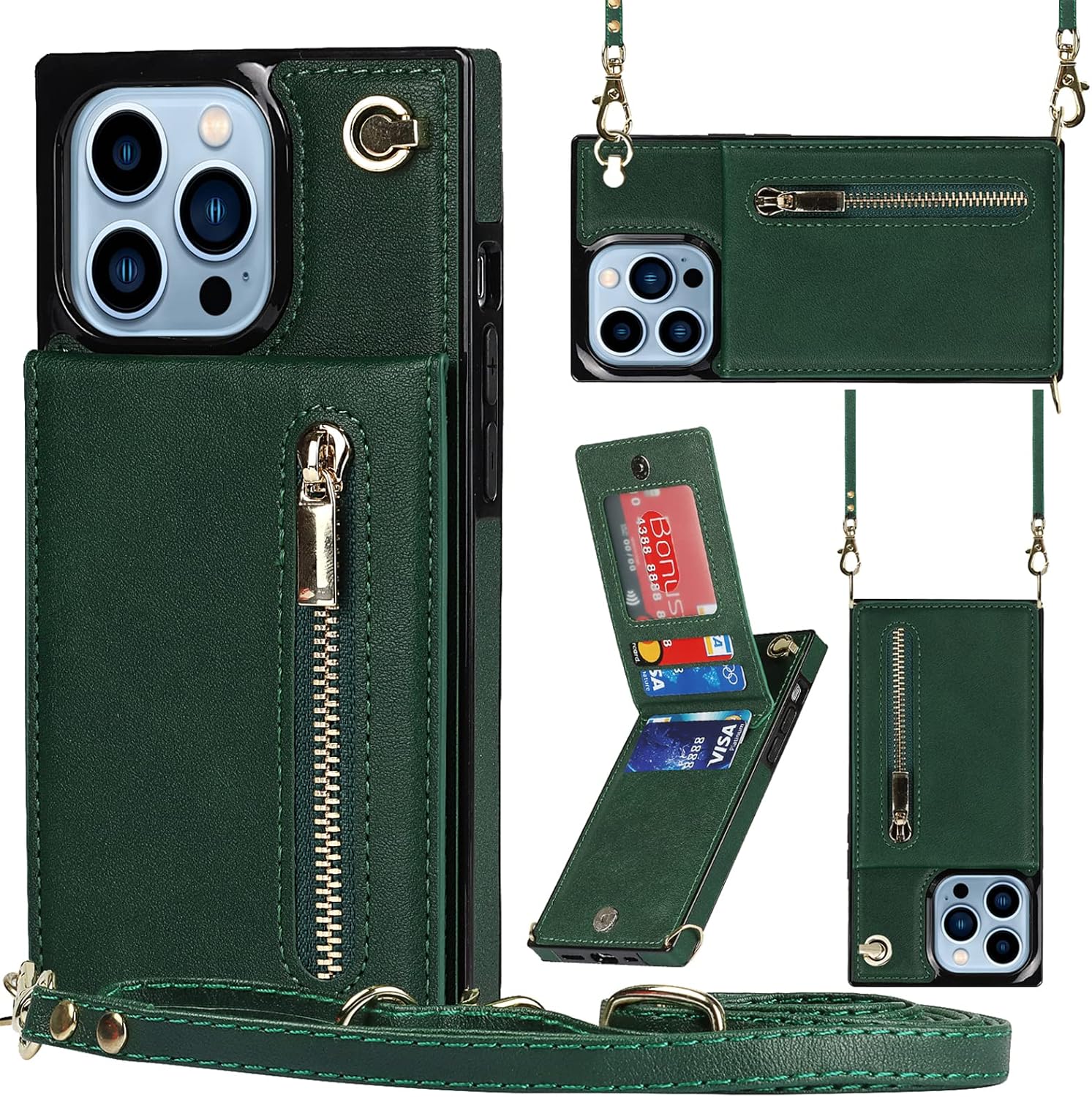 Crossbody Wallet Case for iPhone 14/14 Plus/14 Pro/14 Pro Max, Durable PU Leather Magnetic Flip Wallet Case with 4 Card Holder,Zipper, Detachable Lanyard Strap