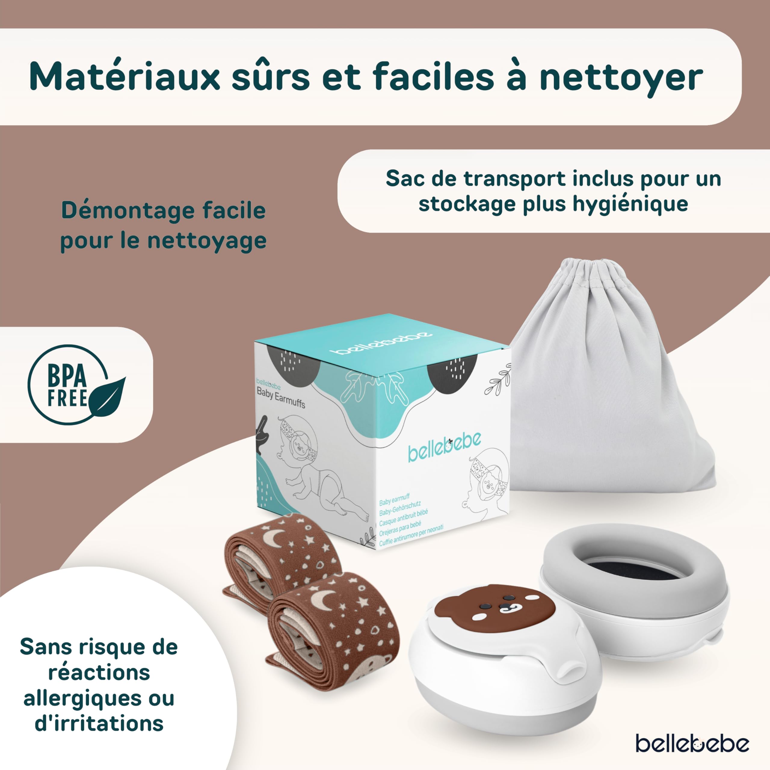 BELLEBEBE - Casque Anti Bruit Bébé - 0-36 Mois - Hypoallergénique et Sans BPA - Certifié EN352-1, RoHS, CPC - Casque Avion Bebe - Bandeau Ajustable