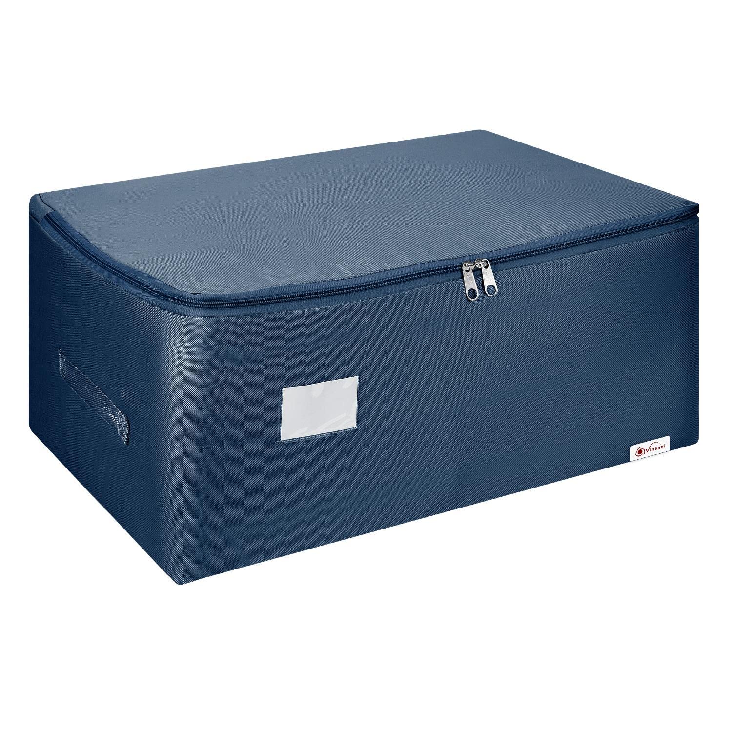Vinsani Blue - 1 Piece 1Pk Storage Bags Organiser 105L Huge Capacity Double Zipper Card Markings Strong Handles Moisture-Proof Underbed Storage Moving Bag For Clothes Toys Beddings Comforter Blue
