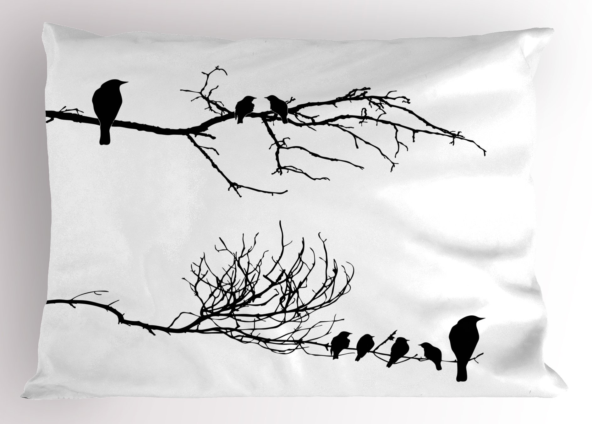 Lunarable Birds Pillow Sham, Monochrome Tree Branch Ravens Silhouettes Abstract Sketch Style Bird Design, Decorative Standard Queen Size Printed Pillowcase, 30