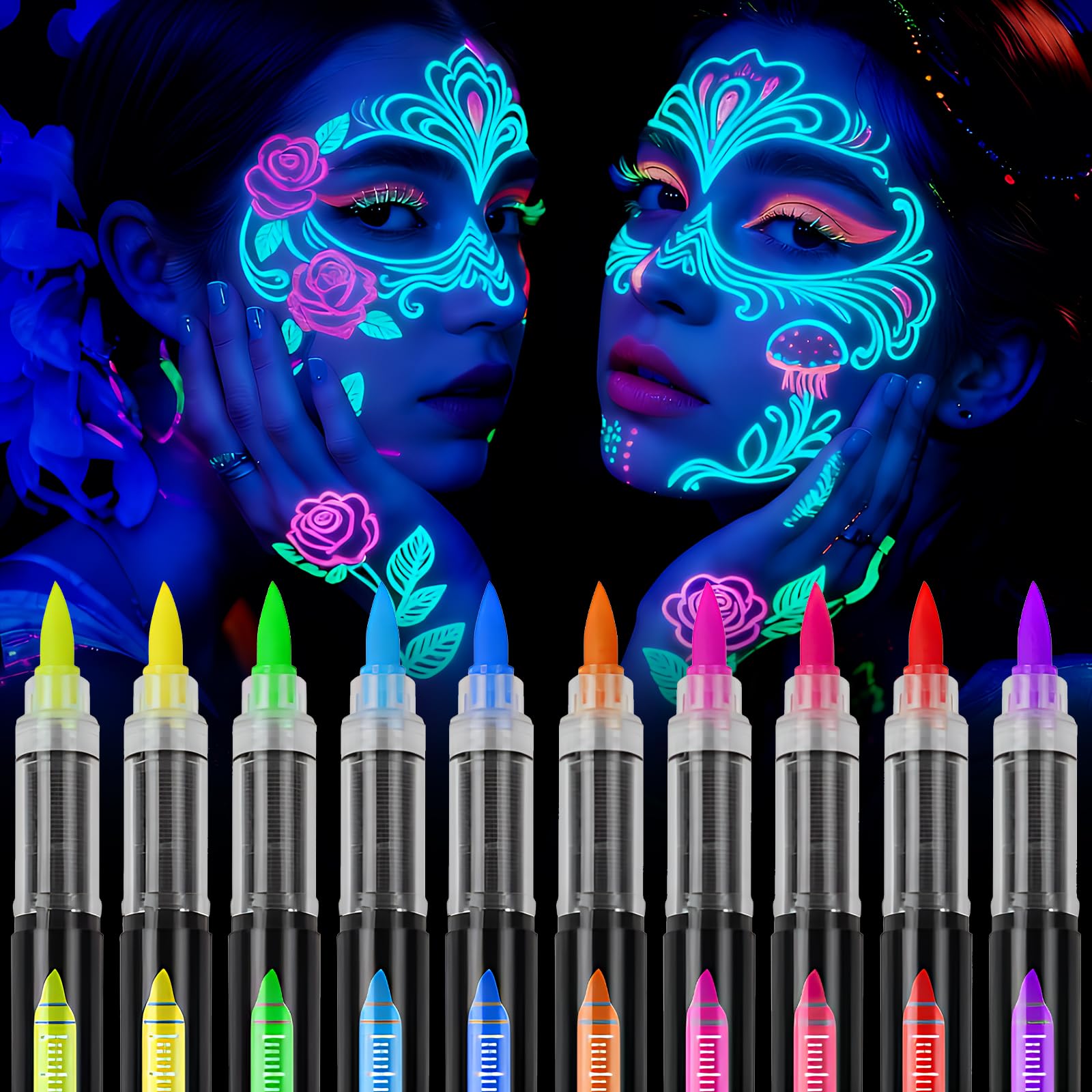 Fluorescenti Matite Trucco per Viso e Corpo: 10 Colori Lavabile UV Fluorescente Colorato Neon Kit - Body Painting Colori per Feste di Compleanno, Cosplay, Halloween e Natale