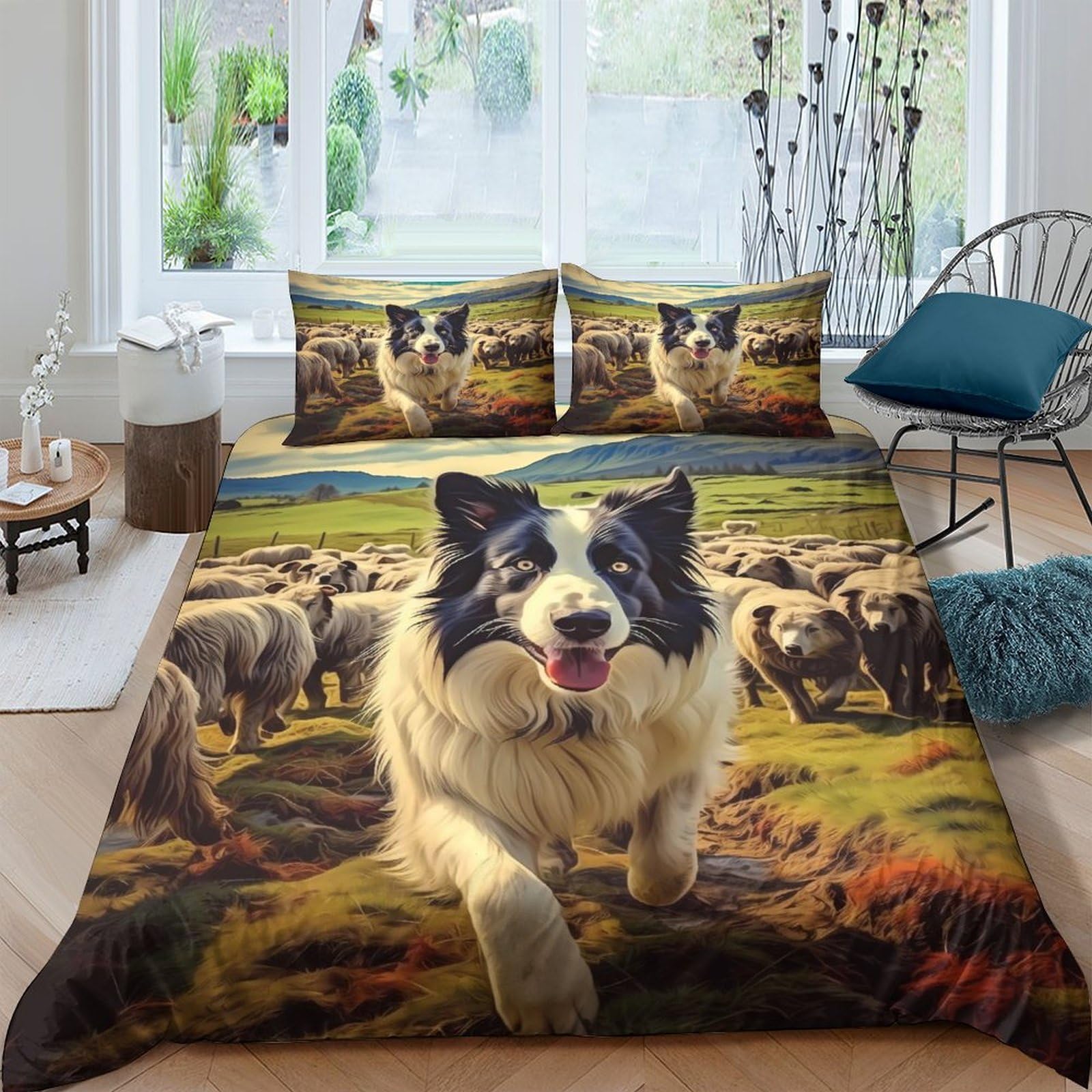 Ctjqhvkz Style-2 3D Printed Border Collie Sheep Fitted Sheet Microfiber Soft Non Slip Dog Herding Bed Cover For Home Bedroom Decor Single（135X200cm）