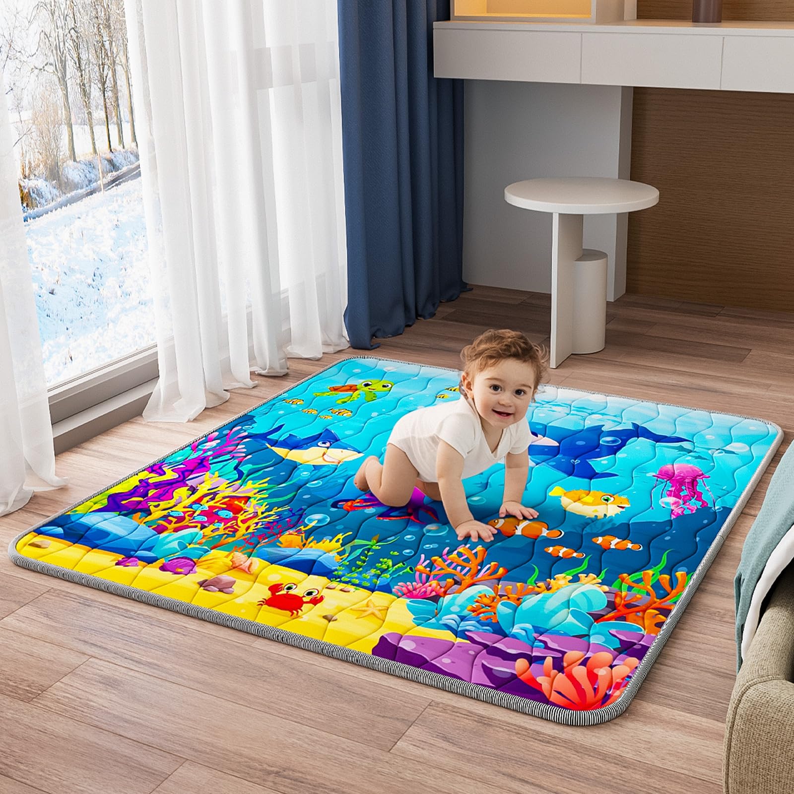 Baby Play Mat, 50x50 Thickened Playpen Mat, Waterproof & Non-Slip, Foldable Baby Play Mat for Floor, Machine Washable Crawling Mats for Infants & Toddlers, Floor Activity and Playing & Learning, Sea World Sea 50" x 50"