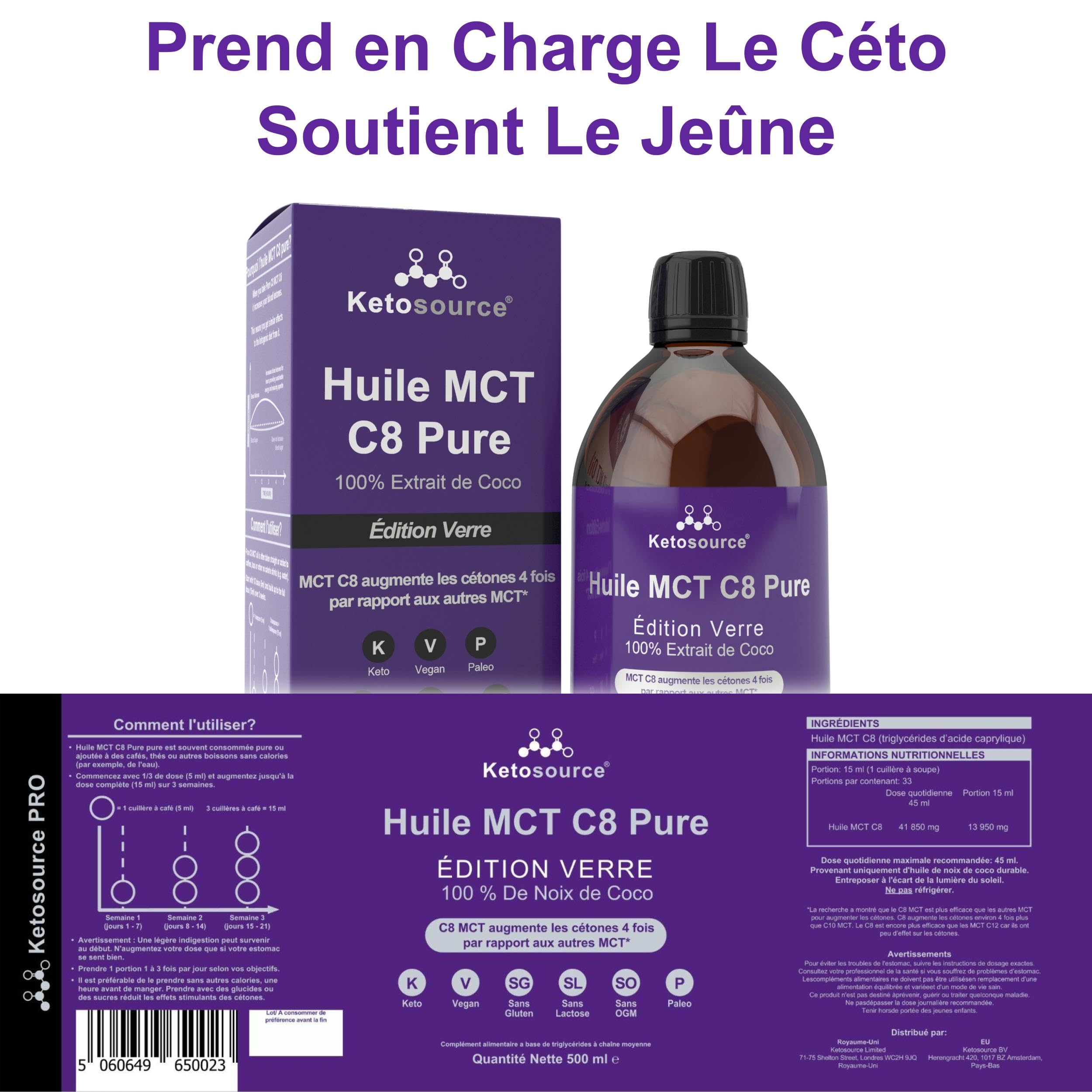 Huile MCT Pure C8 | Bouteille en verre | Produit 4 fois plus de cétones que les autres huiles MCT | Pureté élevée 99%+ | 100% noix de coco | Conforme au Keto et au jeûne | 500 ml | Ketosource®