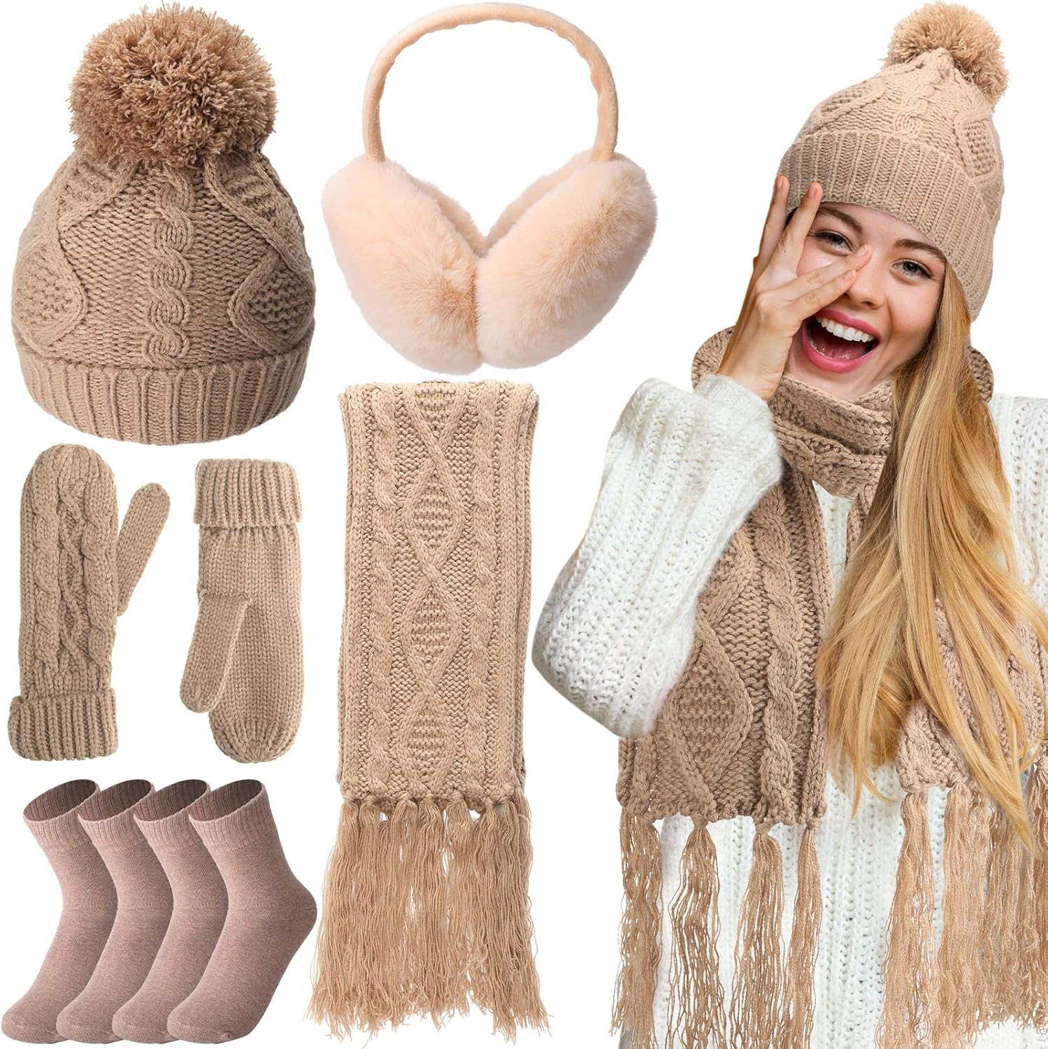 JenPen 6 Pcs Winter Hat Gloves Scarf Earmuffs Socks Women Set Fleece Lined Beanie Hat Warm Essentials Christmas Party Gifts