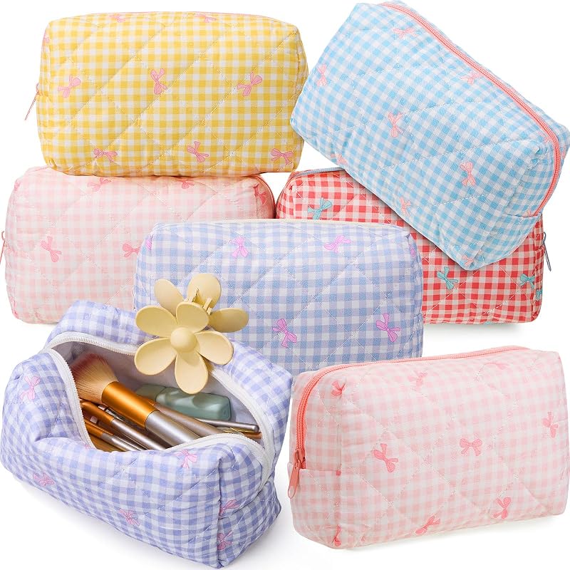 Paterr Conjunto com 6 Necessaires de Maquiagem de Algodão Matelado, Estilo Gingham Bow, Pastel Mix