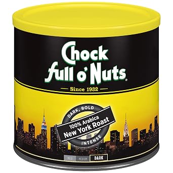 Chock Full o Nuts New York Roast Ground Coffee Premium Beans in Recyclable Steel Can Rich Flavor & Aroma, Dark Roast Perfect for Drip, Pour-Over, Percolator 23 Oz Can