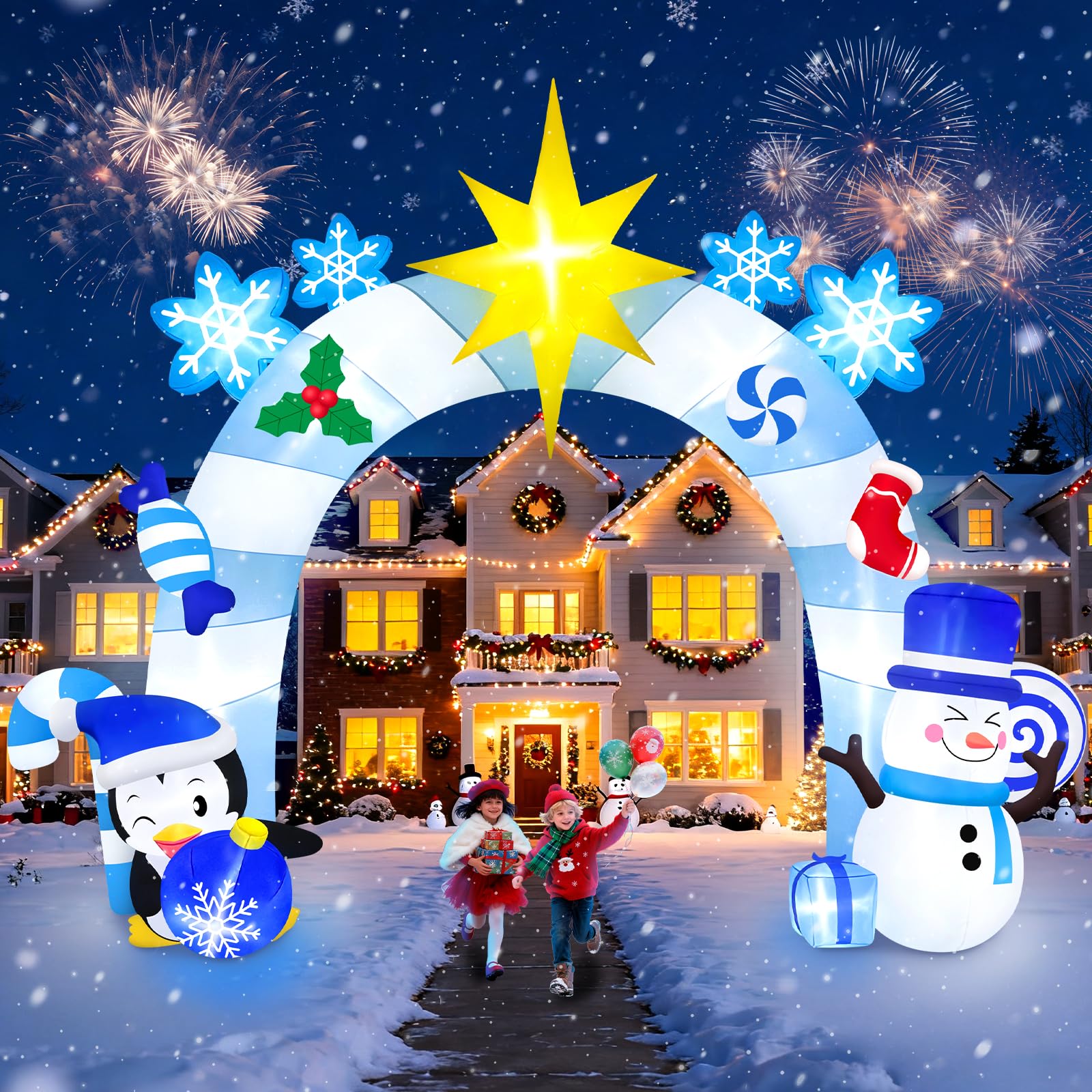12 pies Arco Inflable Navideño, Kalolary Muñeco Nieve Azul de Invierno Pingüinos Túnel Inflable Navideño Decoración Navideña para Exteriores el Hogar Fiestas Césped Jardín Centro Comercial Calle