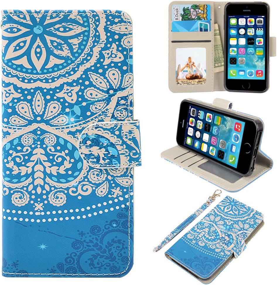 UrSpeedtekLive iPhone 5/5s/SE Case, iPhone 5/5s/SE Wallet Case, Premium PU Leather Wristlet Flip Case Cover with Card Slots & Stand for iPhone 5/5s/SE, Flower