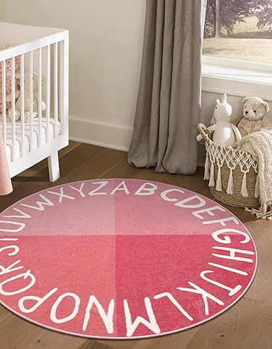 Miniatura 8 de LIVEBOX Alfombra redonda para niñas, antideslizante y lavable para guardería, alfombra pequeña rosa para dormitorio, alfombra circular ABC suave de