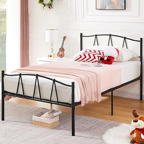 Miniatura 110 de VECELO Base de cama de tamaño individual con cabecera y estribo, base de colchón de plataforma metálica, listones de acero resistente, no necesita