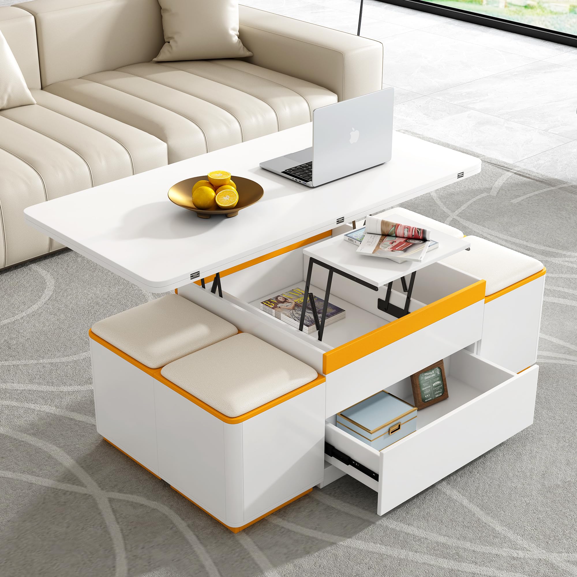White Lift Top Coffee Table with Storage & Stools, Modern Coffee Table with Foldable Top, 3 in 1 Multi-Function Folding Center Extendable Dining Table
