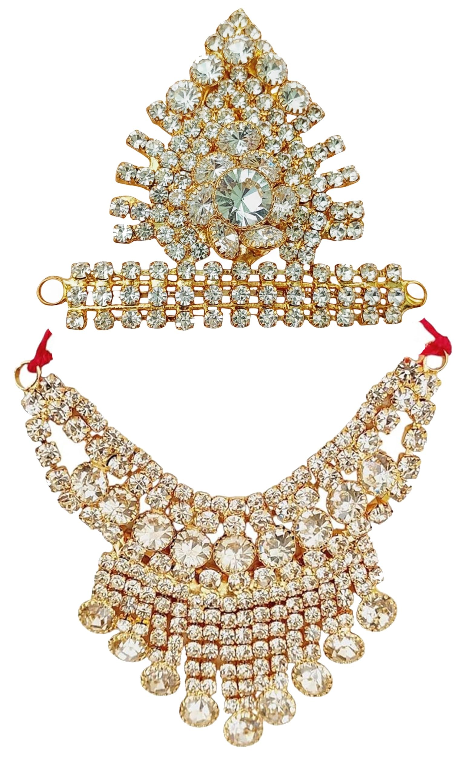 Jarkan Mala with Mukut for God Idol, Beautiful Kundan Garland Haar Mala for Laddu Gopalji, MATA Rani, Radha Krishna Ji, Idols, Statue, Crystal, 5 cm