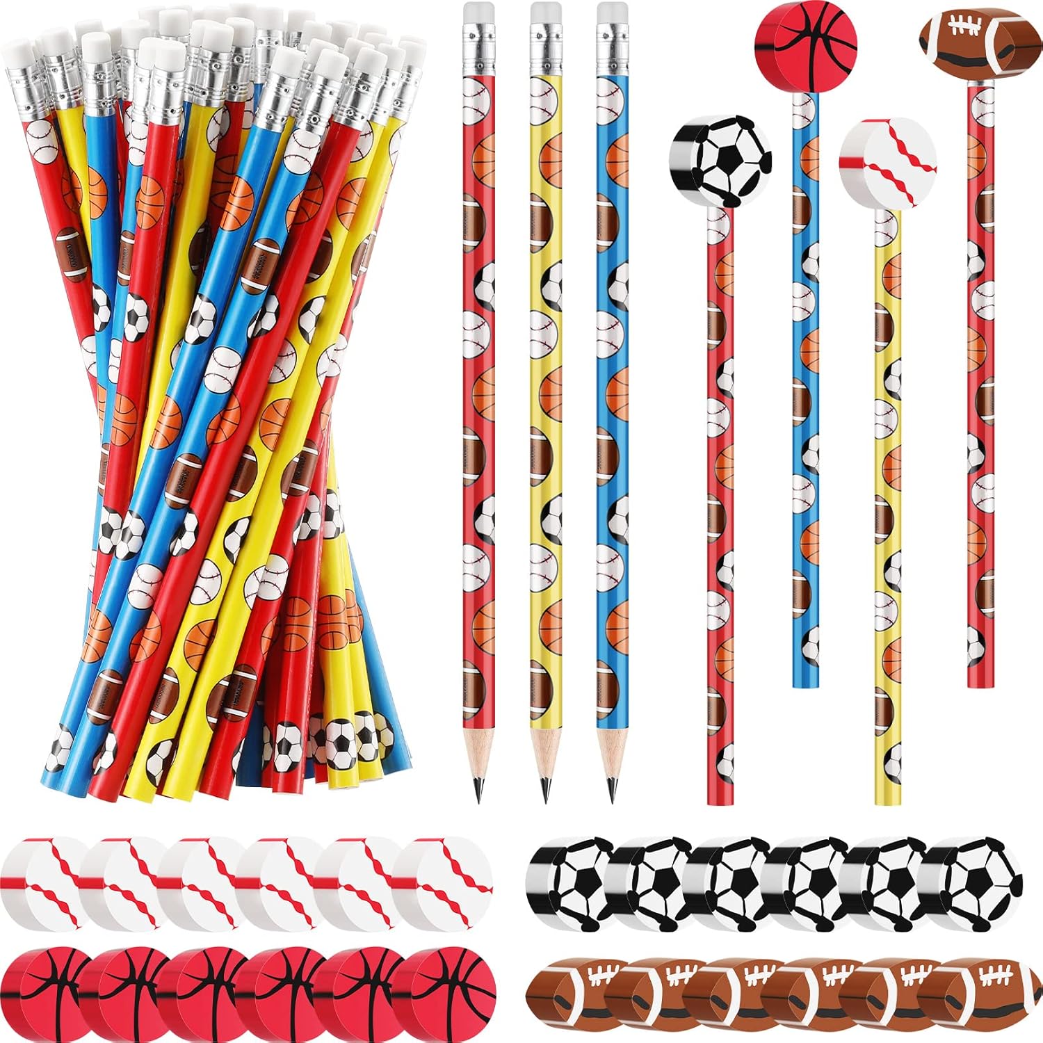 Chivao 36 Set Sports Pencils and Erasers for Boys Girls