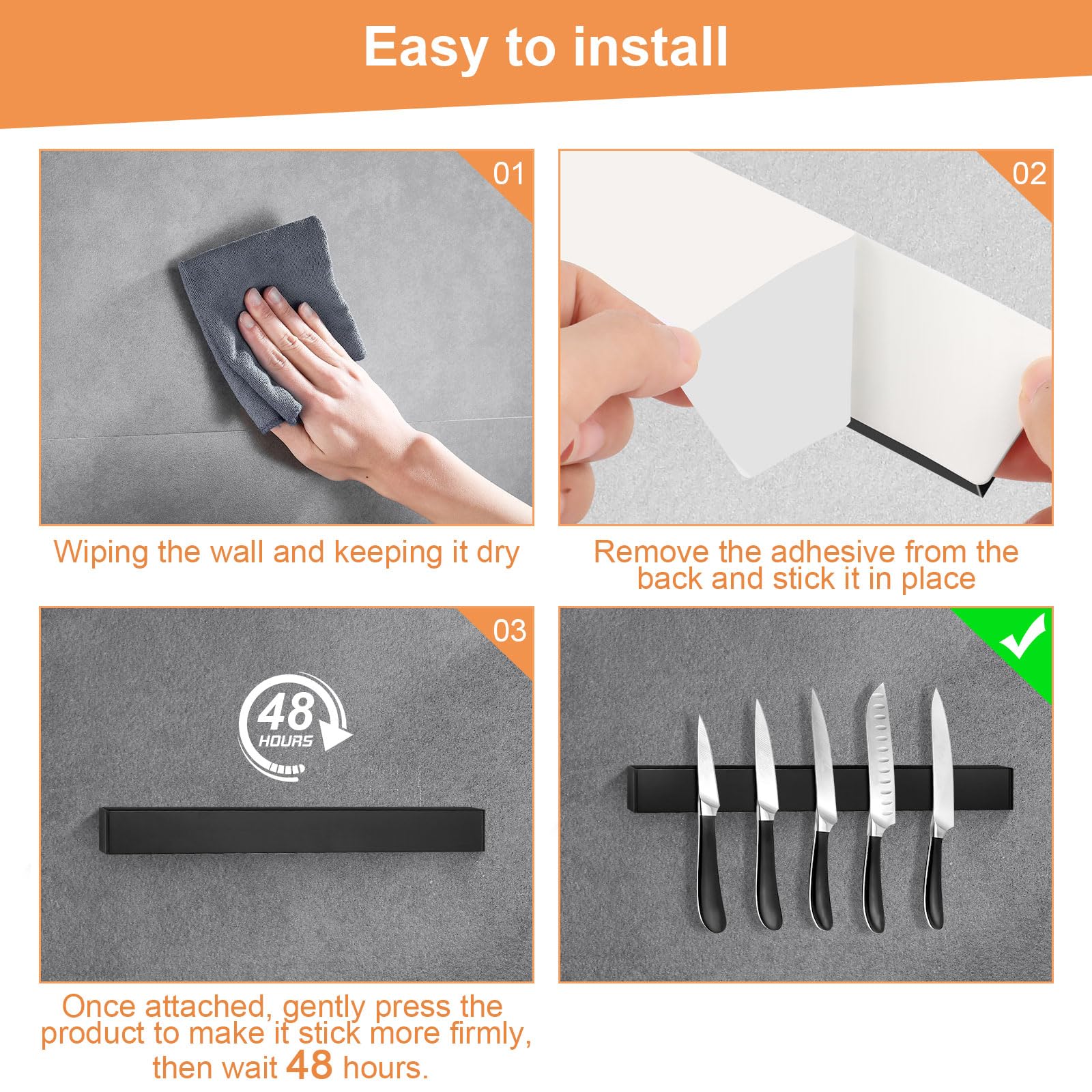 40cm Iman Cuchillos de Cocina, Negra Soporte Magnético Cuchillos Acero Inoxidable Cuchillero Magnético Puede sin Taladrar, Soporte Cuchillos Cocina para Espátulas, Tijeras