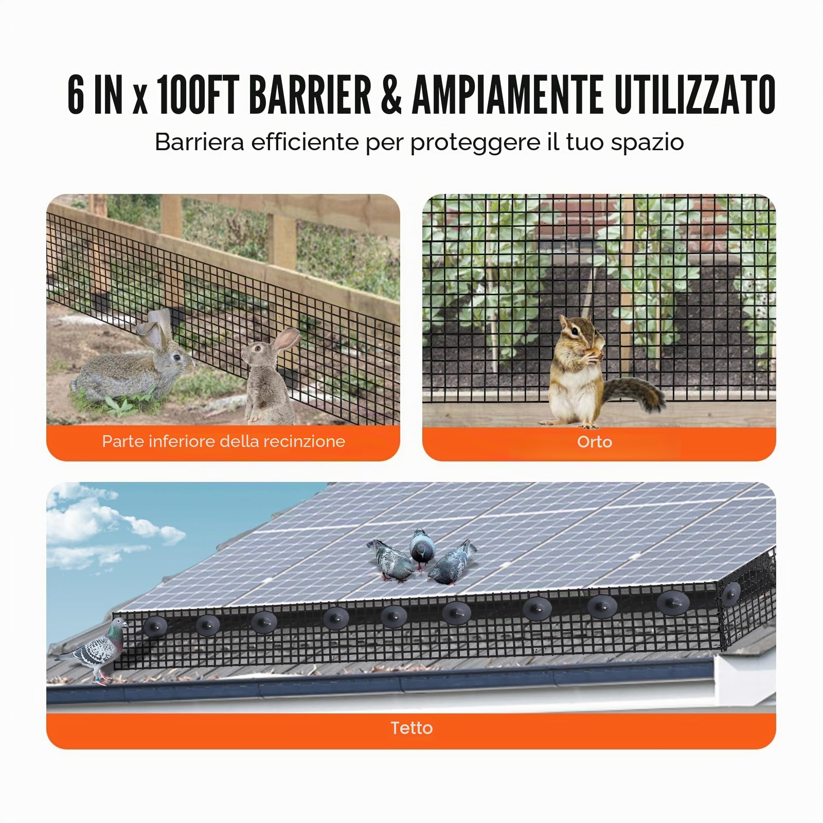 VEVOR Protezione per uccelli per pannelli solari, 15,2 cm x 30,4 m, antipiccioni, griglia solare con 100 chiusure in acciaio inox, protezione per pannello solare con rivestimento in PVC, 1,27 cm