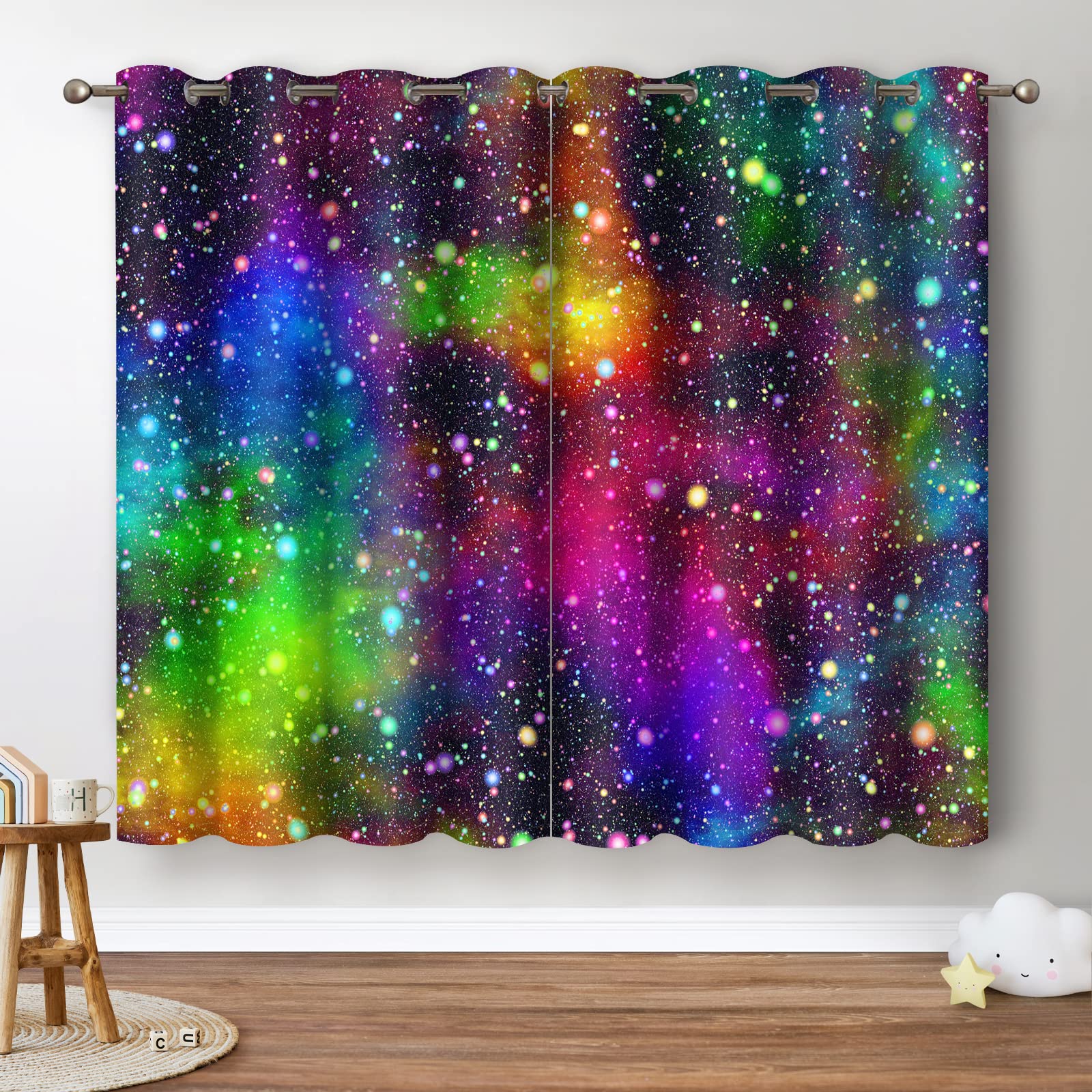 Jekeno Galaxy Blackout Curtains Kids Boys Girls Bedroom Outer Space Universe Nebula Starry Sky Colorful Stars Decor Decoration Grommet Window Drapes 2 Panel Set, 52