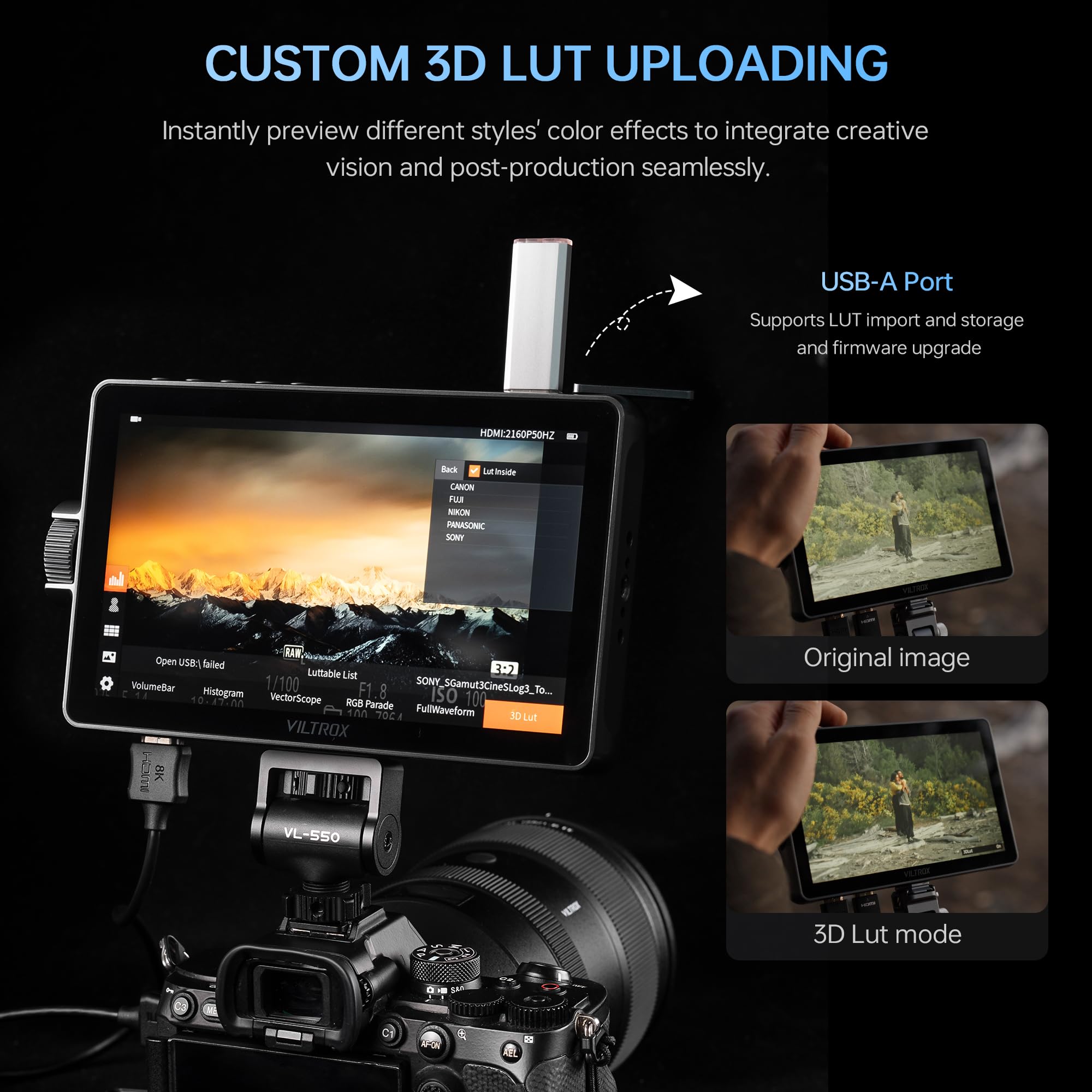 VILTROX DC-A1 2800 Nits Moniteur vidéo avec écran tactile 7 pouces Full HD 1920 x 1080 IPS 4K HDMI Loop in/Out, LUT 3D Forme d'onde Peaking Focus Assist, 170° Large champ de vision