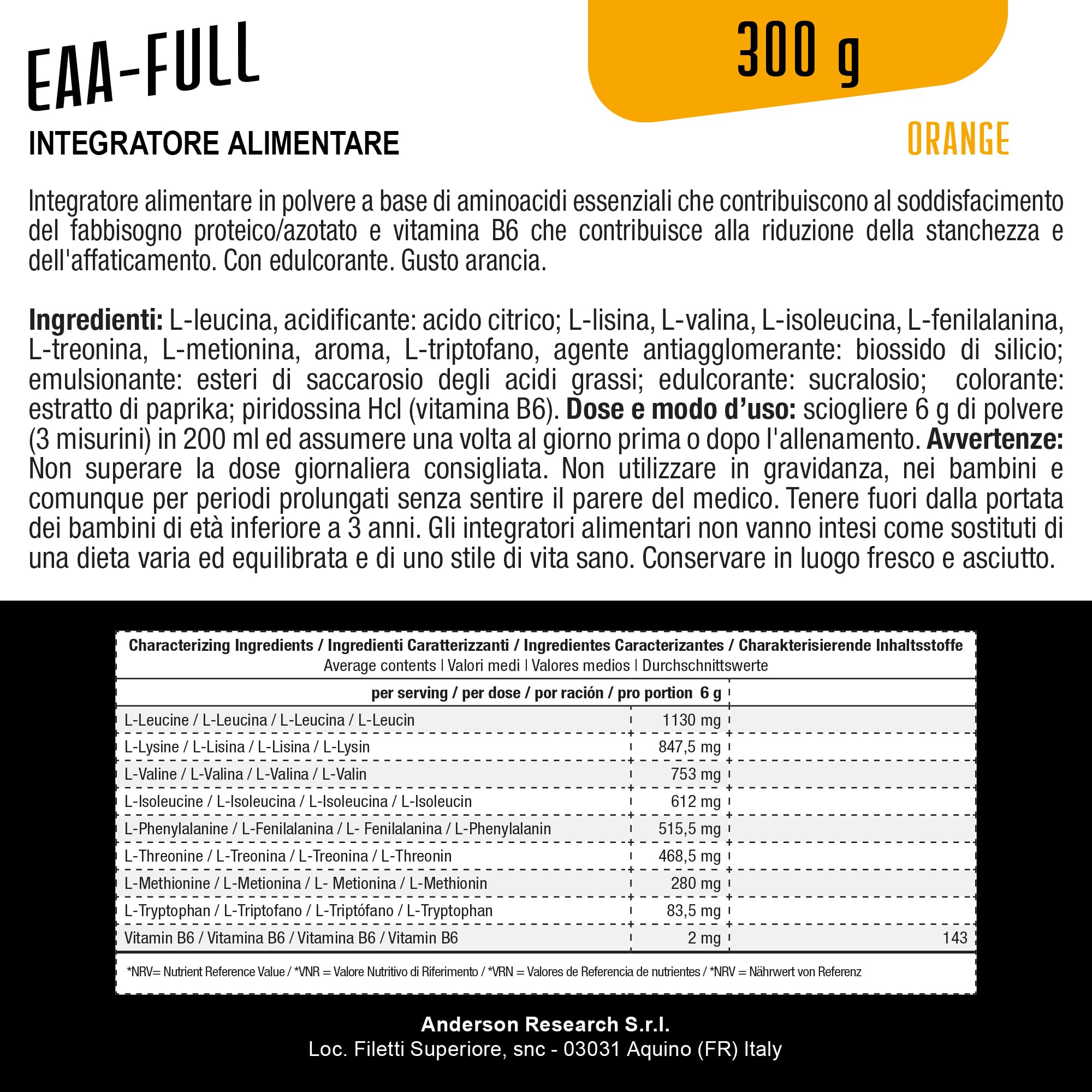 anderson Aminoacidi Essenziali – Arancia 3/8 bcaa ramificati + vitamina B6 – 300g, in polvere 0 zuccheri aggiunti, senza glutine, absolute series EAA-FULL – made in italy