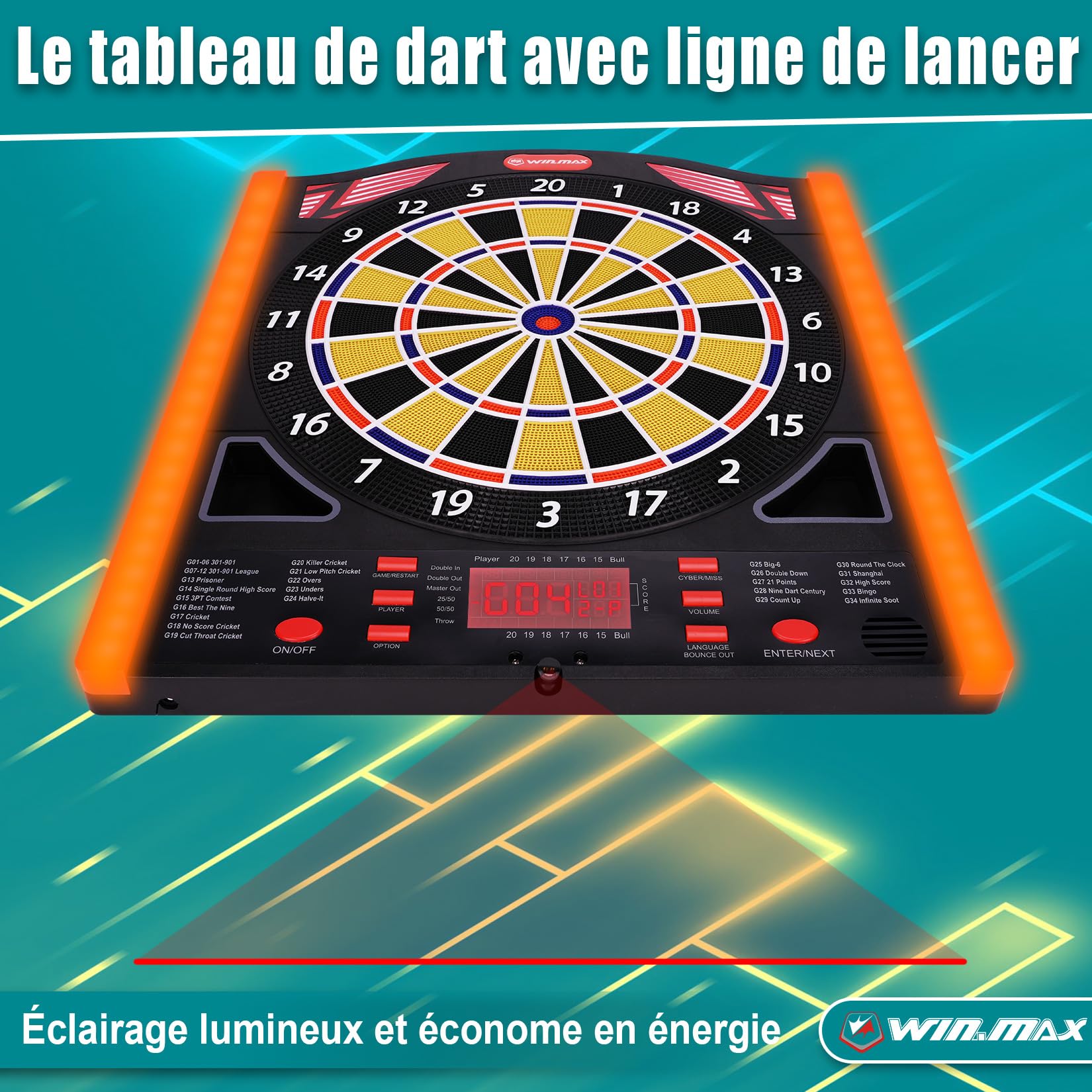 WIN.MAX Jeu de fléchette électronique Cible flechette Profi Set 34 Jeux 12 fléchettes 1-8 Joueurs