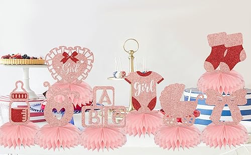 Miniatura 6 de 8 piezas de decoración de baby shower, centros de mesa de panal de abeja para niñas, decoración de mesa de fiesta de revelación de género para niñas