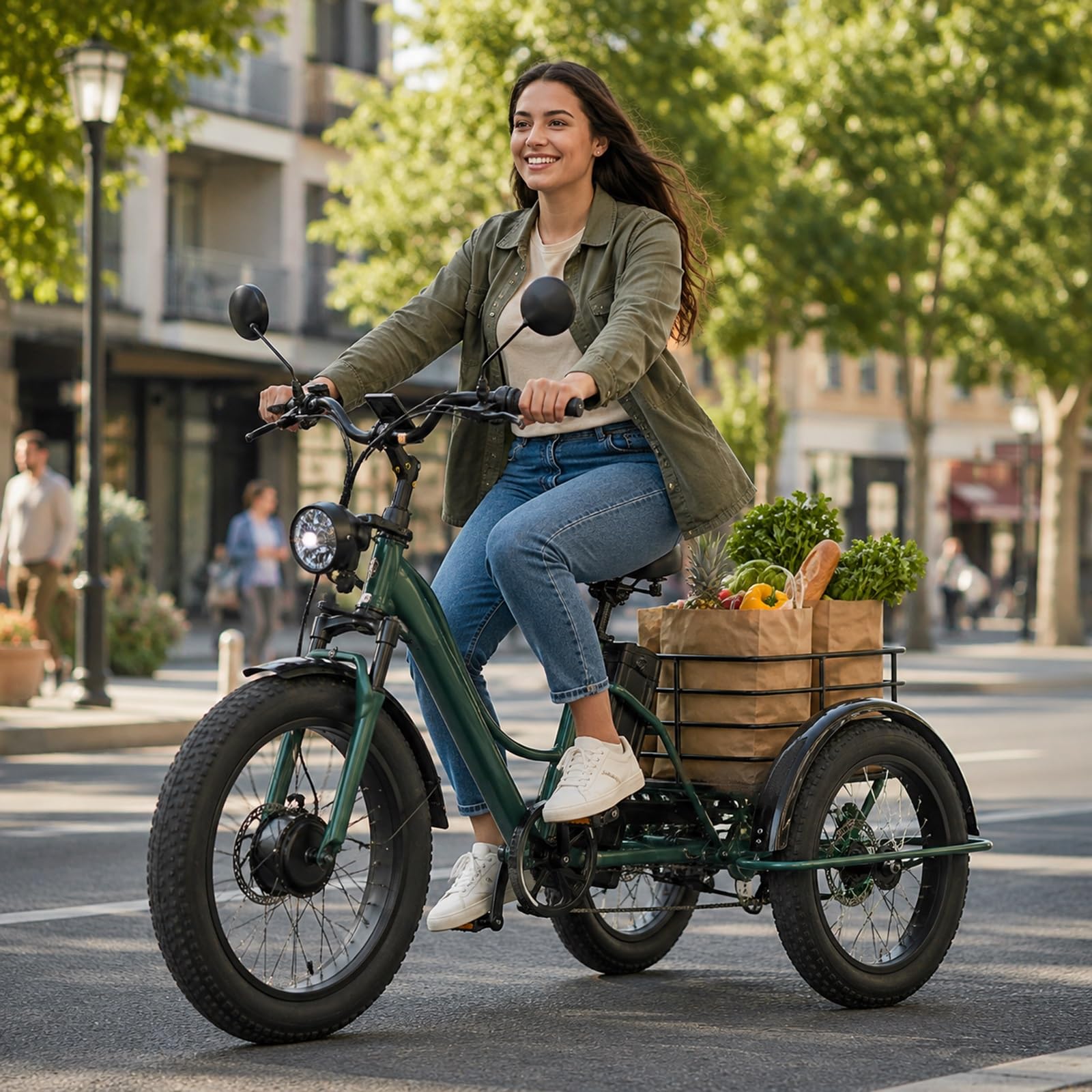 Triciclo Elettrico Per Adulti – E-bike A 3 Ruote Con Pneumatici Fat Da 24 Pollici, Batteria Da 48V 18Ah, Cambio A 7 Velocità, Autonomia Di 40 Miglia, 3 Modalità Di Guida, Display LCD(Green)