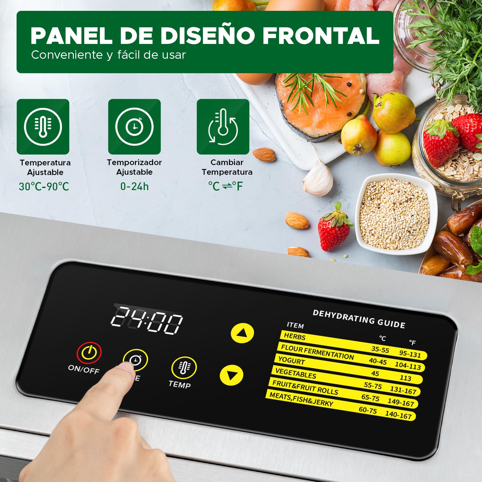 Kwasyo Deshidratador de Alimentos de Acero Inoxidable con 12 Bandejas, Secado eficiente de 360° con doble ventilador, Temporizador 24 horas, Temperatura: 30 a 90℃, deshidrata fruta, carne, verduras