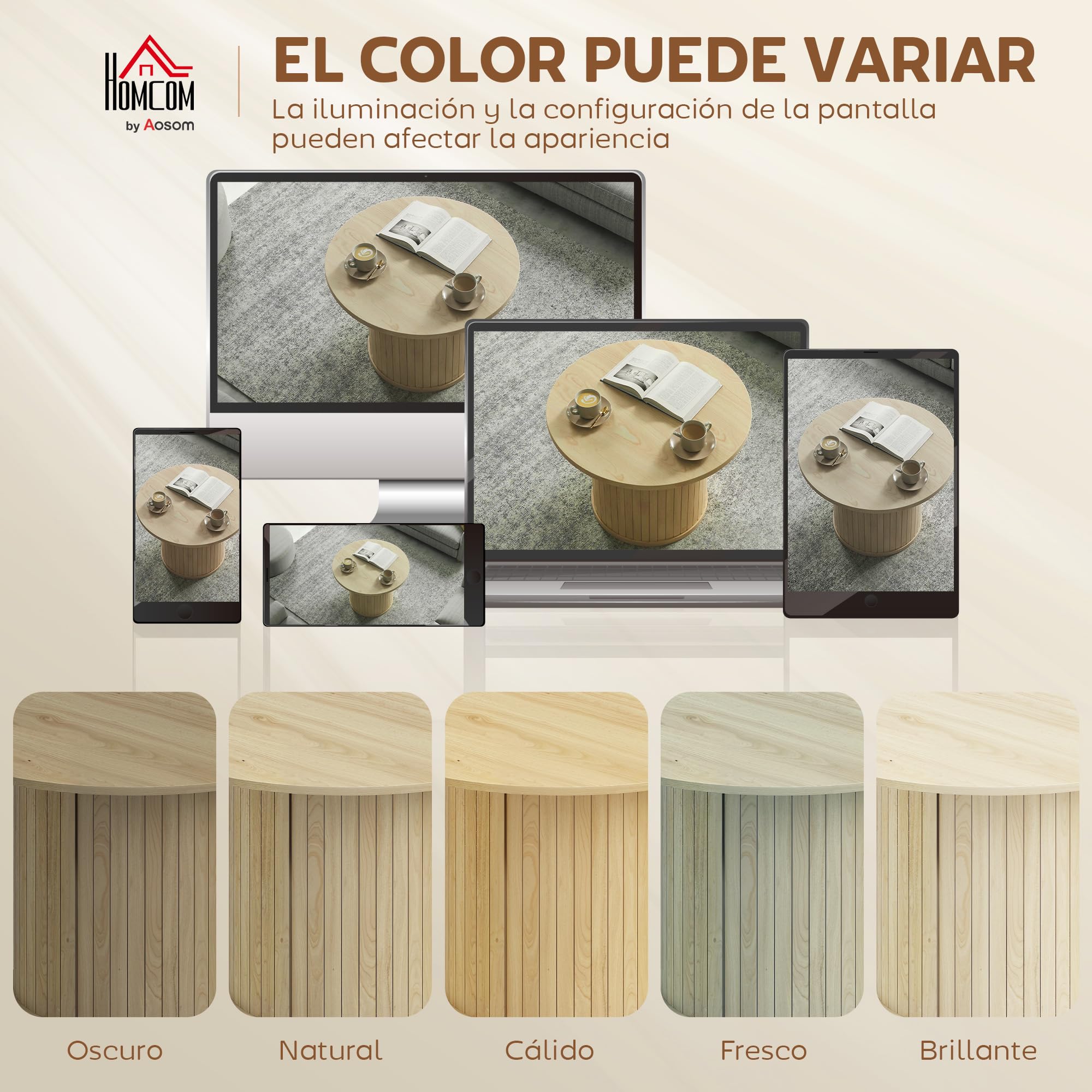 HOMCOM Mesa de Centro, Mesa Baja para Salón Redonda con Base de Columna con Listones, para Sala de Estar, Dormitorio, Ø60x40 cm, Natural