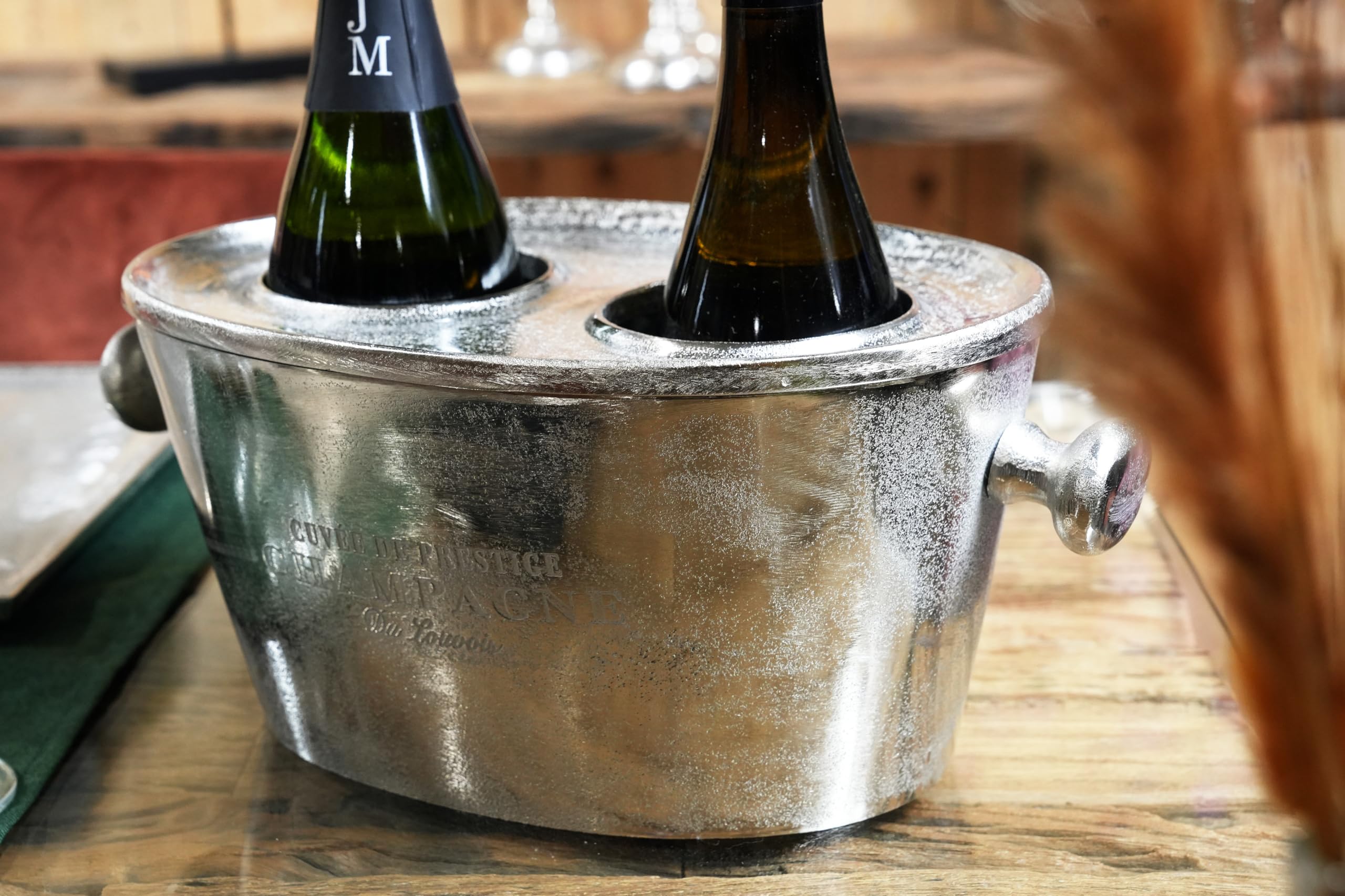 Flaschenkühler für 2 Flaschen, Weinkühler, Sektkühler, Getränkekühler aus Metall, Aluminium, Silber, Party - Kühler für Sekt und Wein - XXL 31 cm