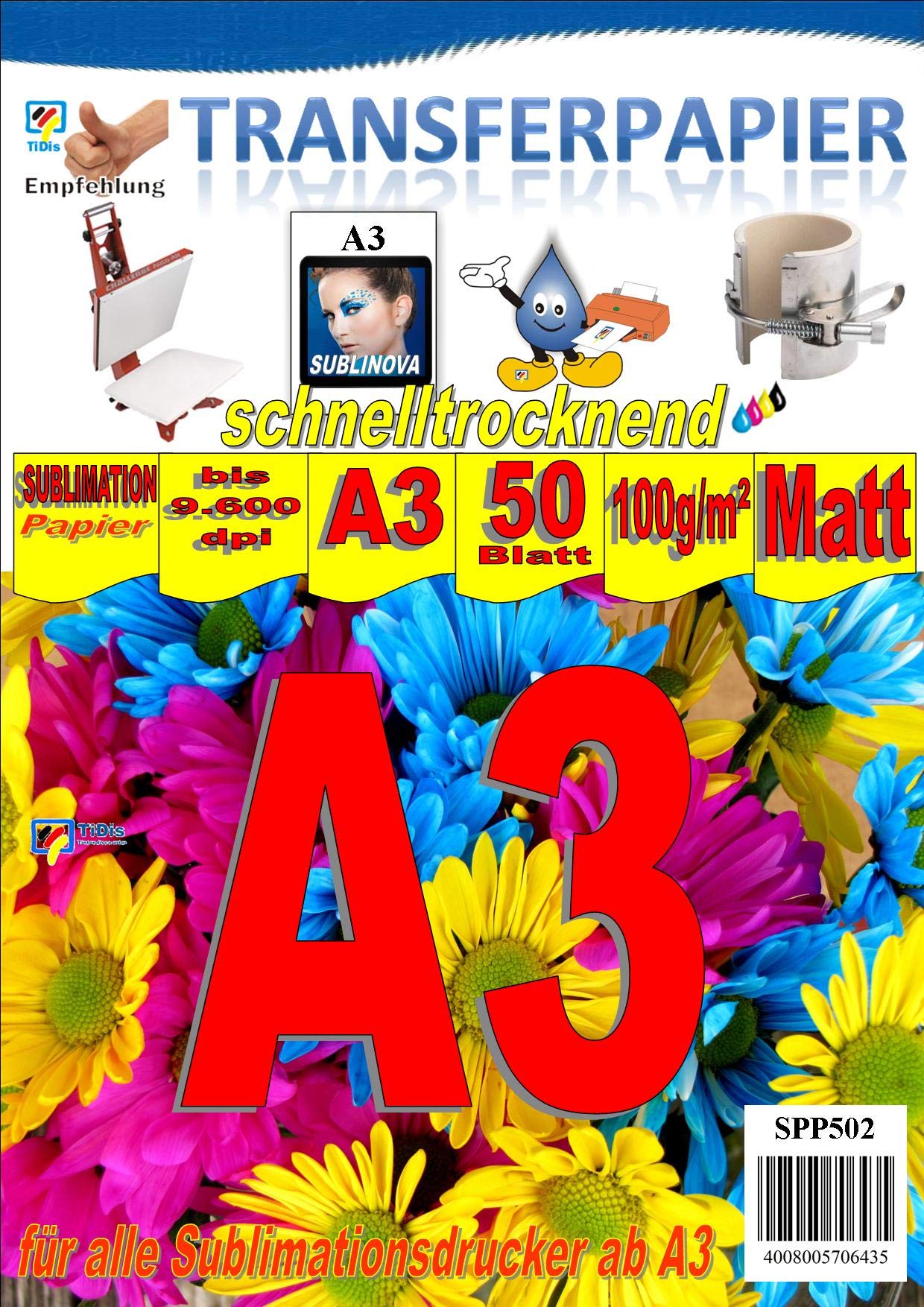 SPP502 - A3 Sublimationspapier: Transferpapier für Textilien und Feststoffe - 50 Blatt Packung - Optimal auf die Marke Sublinova abgestimmt